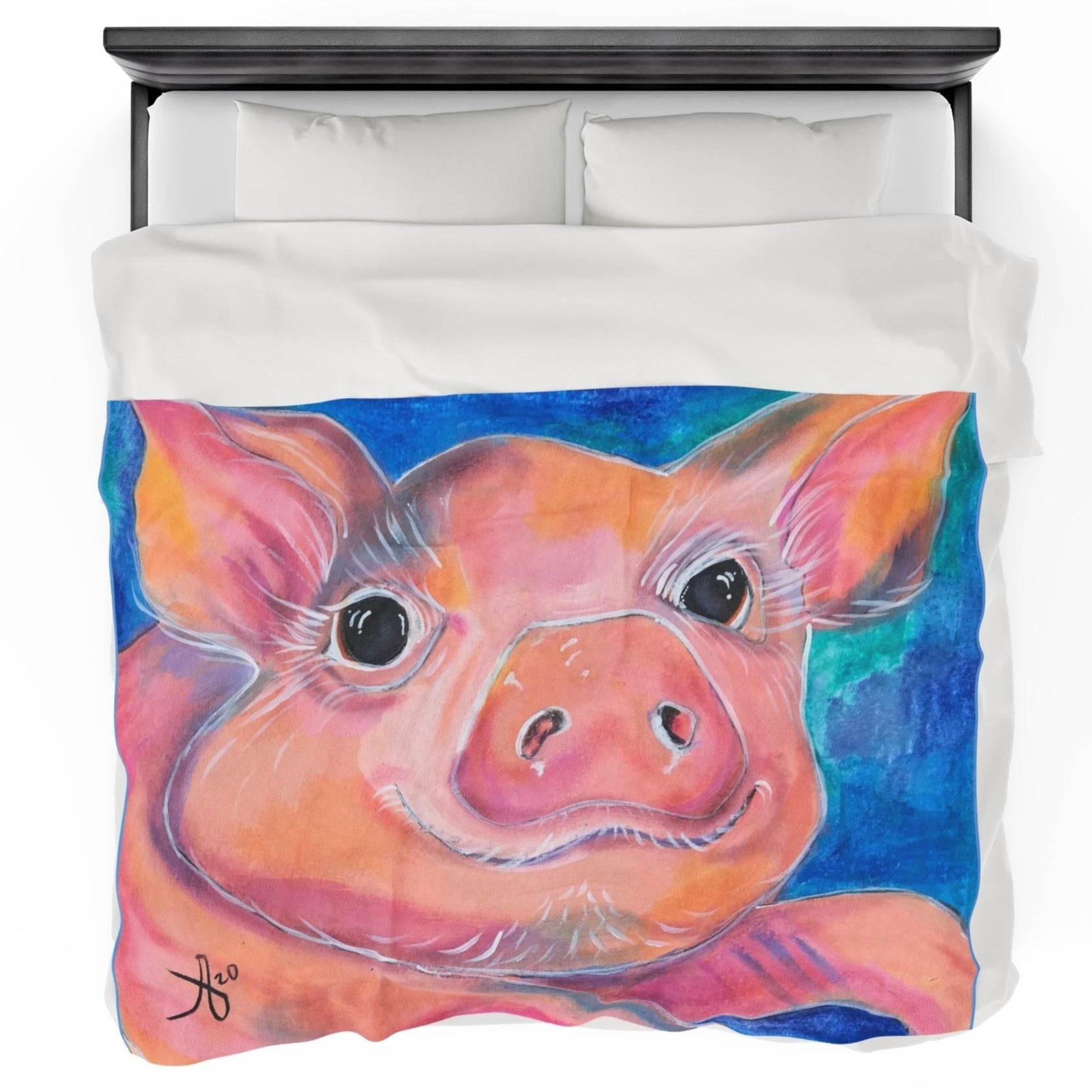 60x80 Velveteen blanket with a reproduction of the painting Piggie by Mama Mosaic Artworks. Up close view of a sweet little piggie's smiling face, with a mottled blue background. Cottagecore Naturecore Farmhouse Country whimsical whimsy aesthetic.