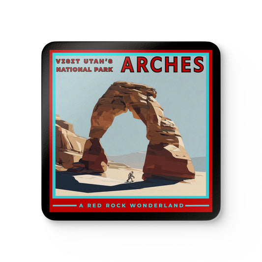 Sasquatch at Arches National Park Retro Travel Poster Coaster: Delicate Arch
