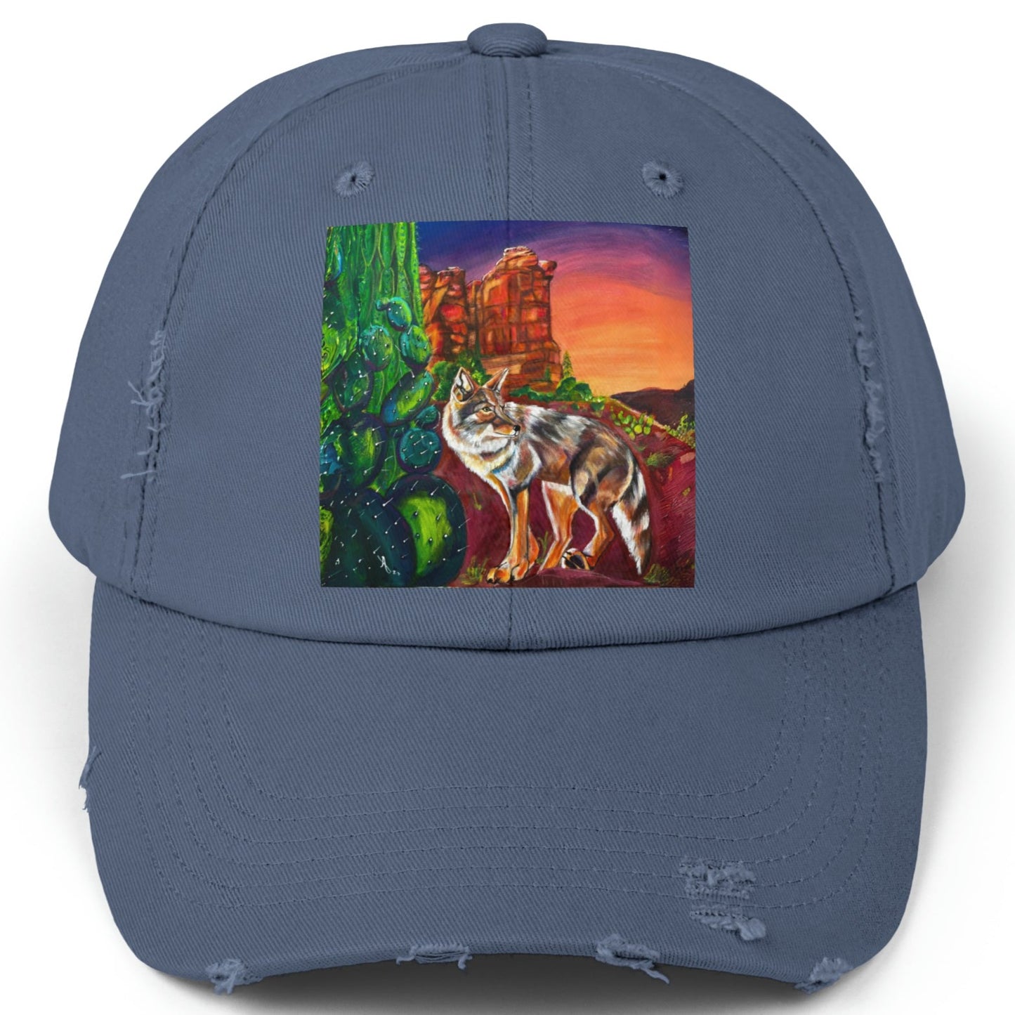 Sedona Coyote Distressed Hat - Adjustable - Coyote at Coffee Pot Rock from Mama Mosaic Artworks