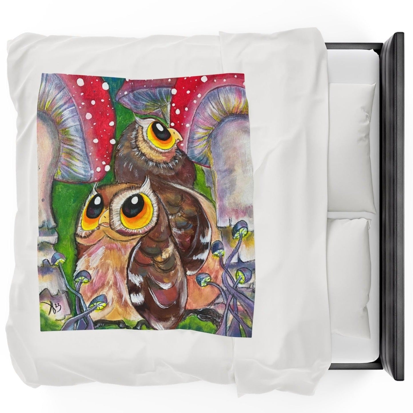 50x60 Velveteen blanket with a reproduction of the painting Lost in Shroomtasia by Mama Mosaic Artworks. View of two curious little owls with large beautiful yellow eyes taking in the sight of towering red cap mushrooms with white spots. Cottagecore naturecore whimsical whimsy aesthetic.