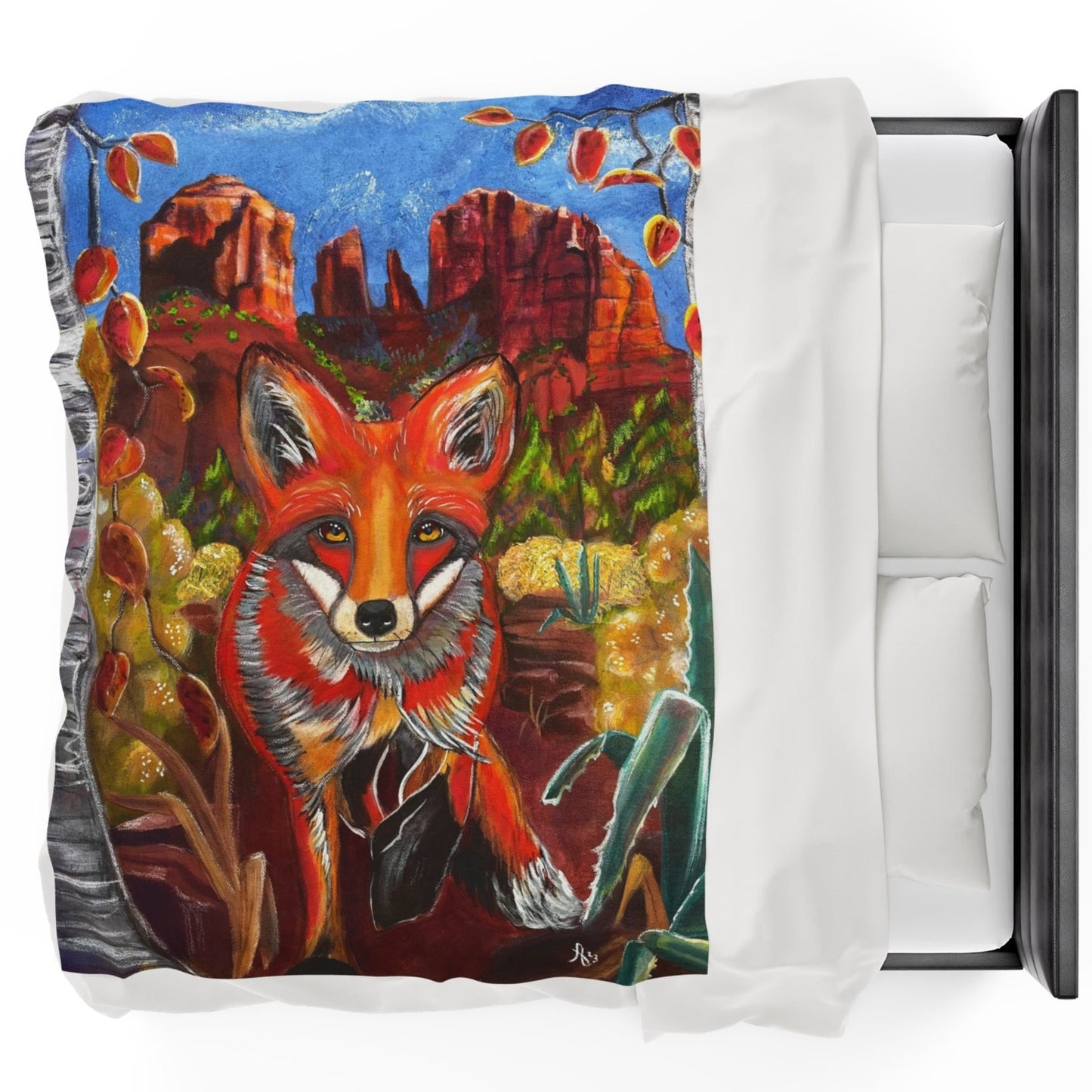 60x80 Blanket - Fox at Cathedral Rock Velveteen Plush Throw - from Mama Mosaic Artworks - Southwestern Art. This dynamic velveteen plush throw blanket is printed edge to edge in high detail using vibrant colors. It is reproduced from the original canvas painting, Fox at Cathedral Rock, by Mama Mosaic Artworks. For those who love Sedona, Arizona, desert decor, foxes, a Mexican or southwestern aesthetic, are a believer in vortex points, or simply love this charming work of art. 