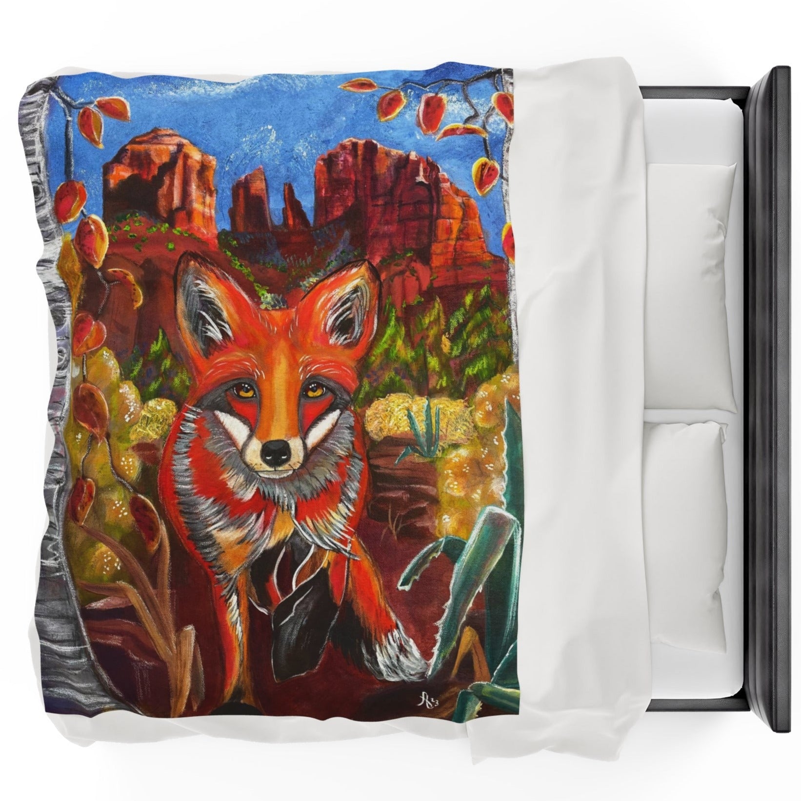 60x80 Blanket - Fox at Cathedral Rock Velveteen Plush Throw - from Mama Mosaic Artworks - Southwestern Art. This dynamic velveteen plush throw blanket is printed edge to edge in high detail using vibrant colors. It is reproduced from the original canvas painting, Fox at Cathedral Rock, by Mama Mosaic Artworks. For those who love Sedona, Arizona, desert decor, foxes, a Mexican or southwestern aesthetic, are a believer in vortex points, or simply love this charming work of art. 