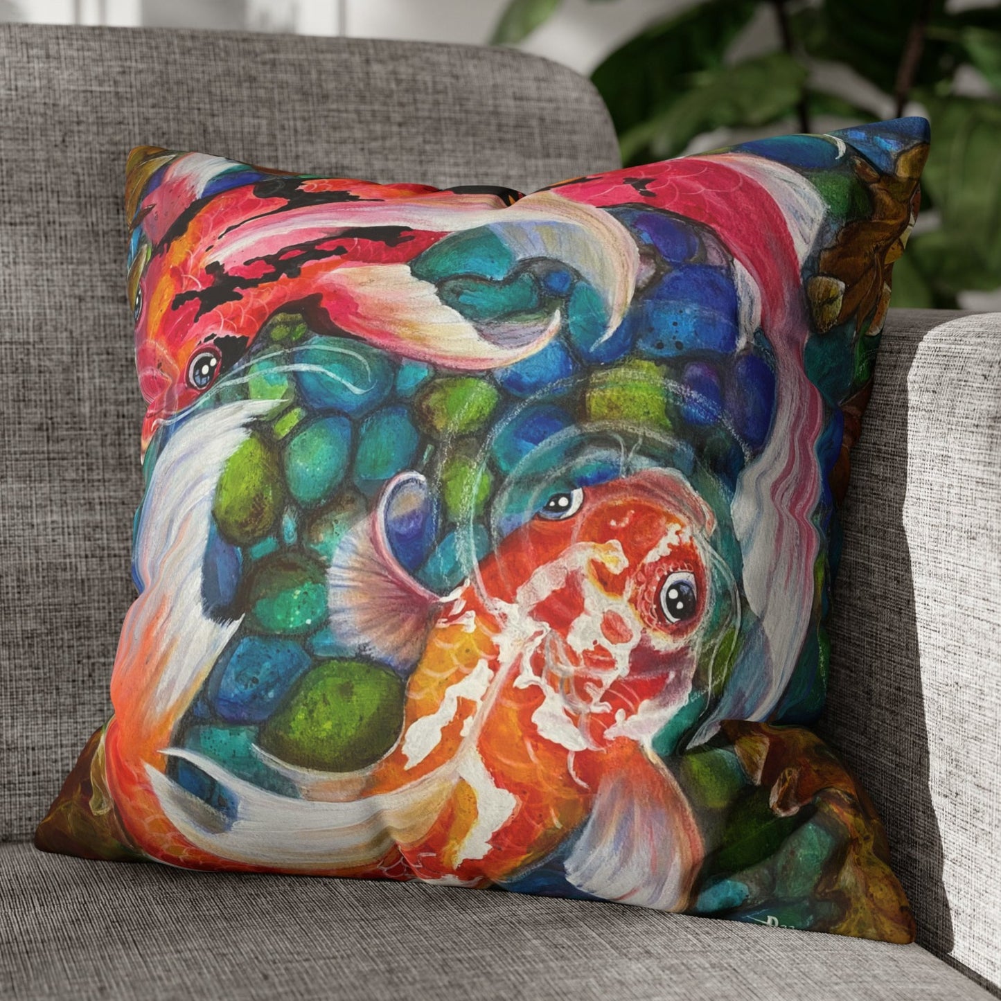 Koi Throw Pillow Cover - Faux Suede - 2 Sizes - Koi Pond from Mama Mosaic Artworks