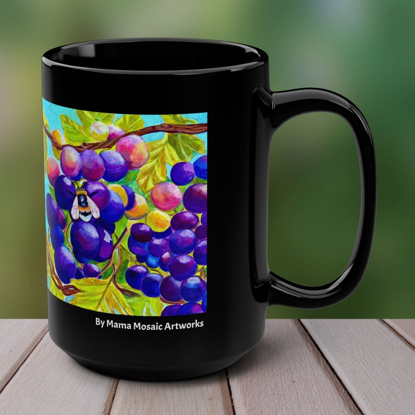 Bee Grapes Mug - Vineyard Bee from Mama Mosaic Artworks - 15 oz Black Glossy Ceramic Mug