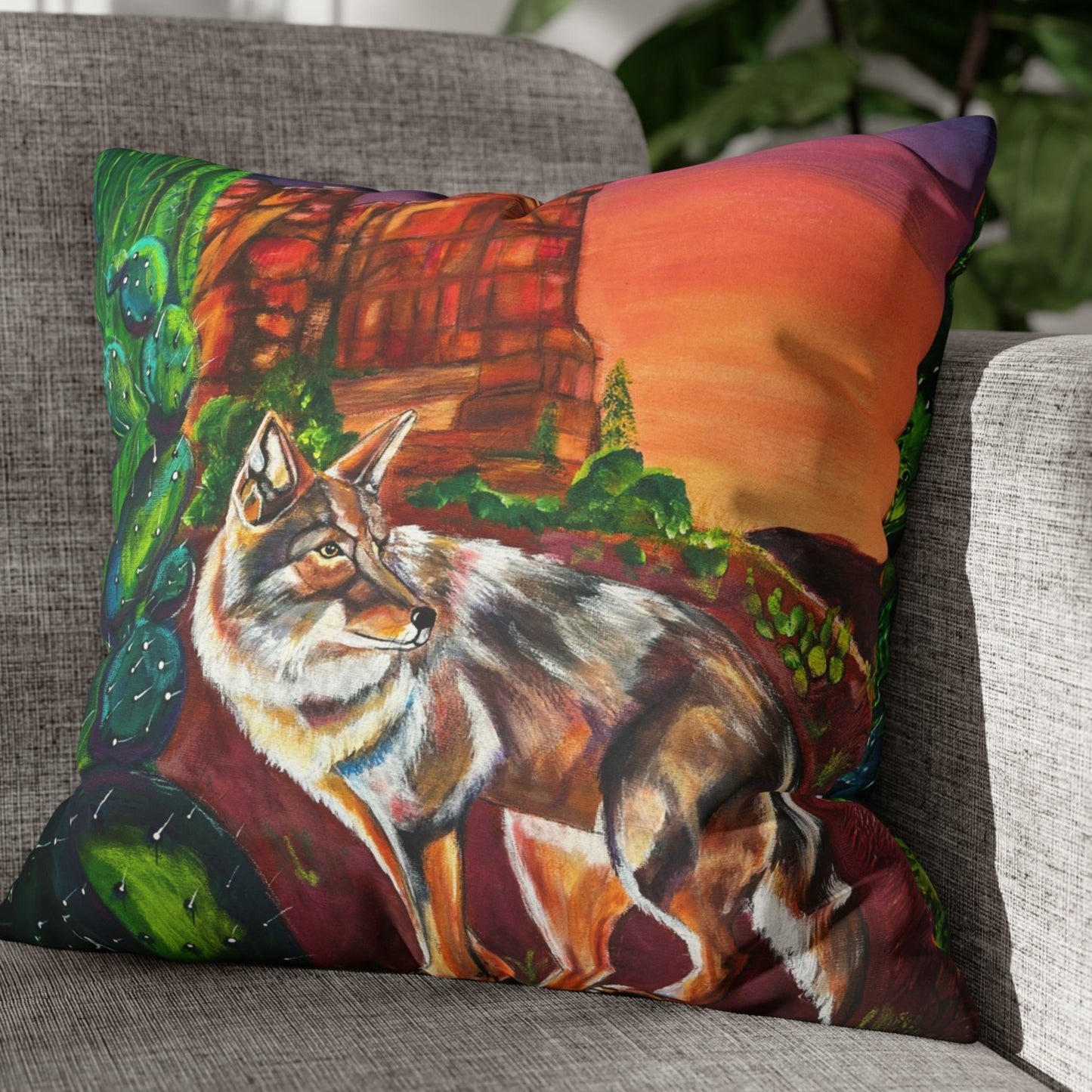 Sedona Coyote Throw Pillow Cover - Faux Suede - 2 Sizes - Coyote at Coffee Pot Rock from Mama Mosaic Artworks