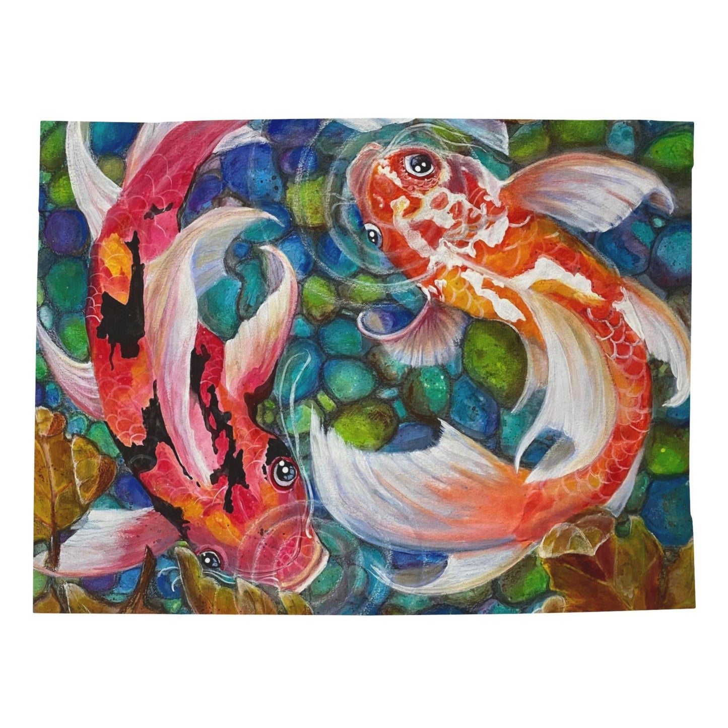 60x80 Velveteen Blanket with a reproduction of the painting Koi Pond by Mama Mosaic Artworks. Two koi fish swim around each other, showing off their orange, white, black and red colors. The background is a beautiful blue and green rendition of the pond rocks. Cottagecore naturecore whimsical whimsy environment aesthetic. Clean the seas.