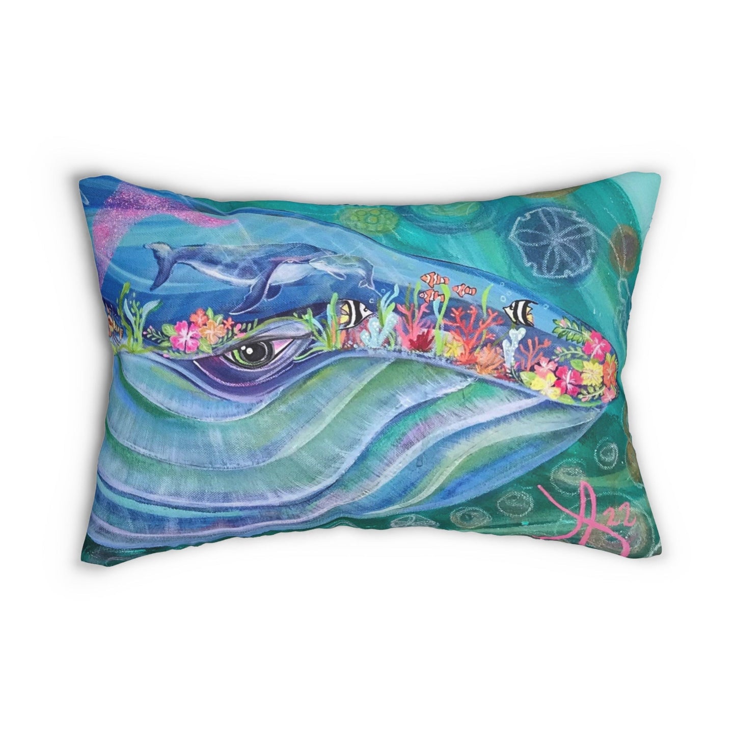 Blue Whale Lumbar Pillow and Cover - 20x14" - Mama Blue and Baby Whale from Mama Mosaic Artworks