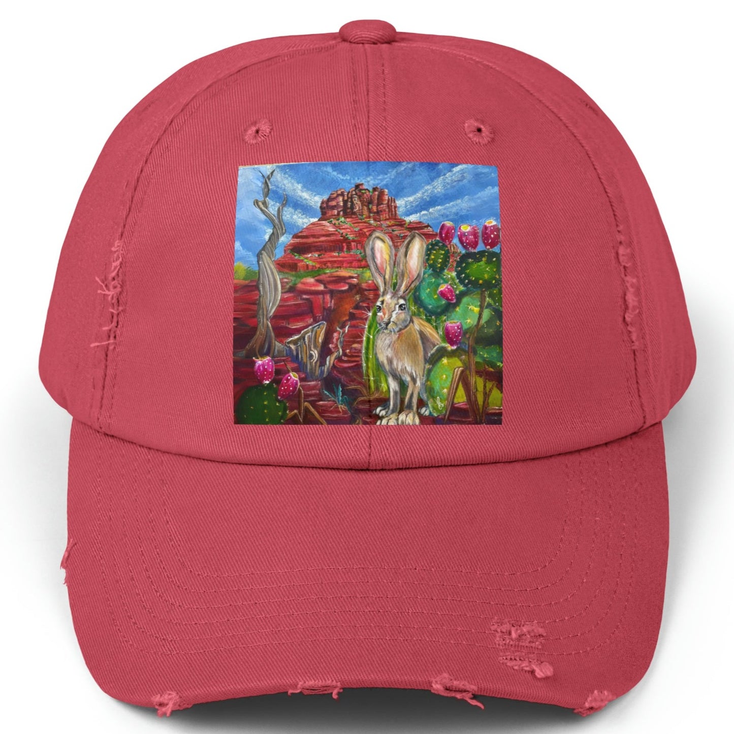 Sedona Hare Distressed Hat - Adjustable - Hare at Bell Rock from Mama Mosaic Artworks