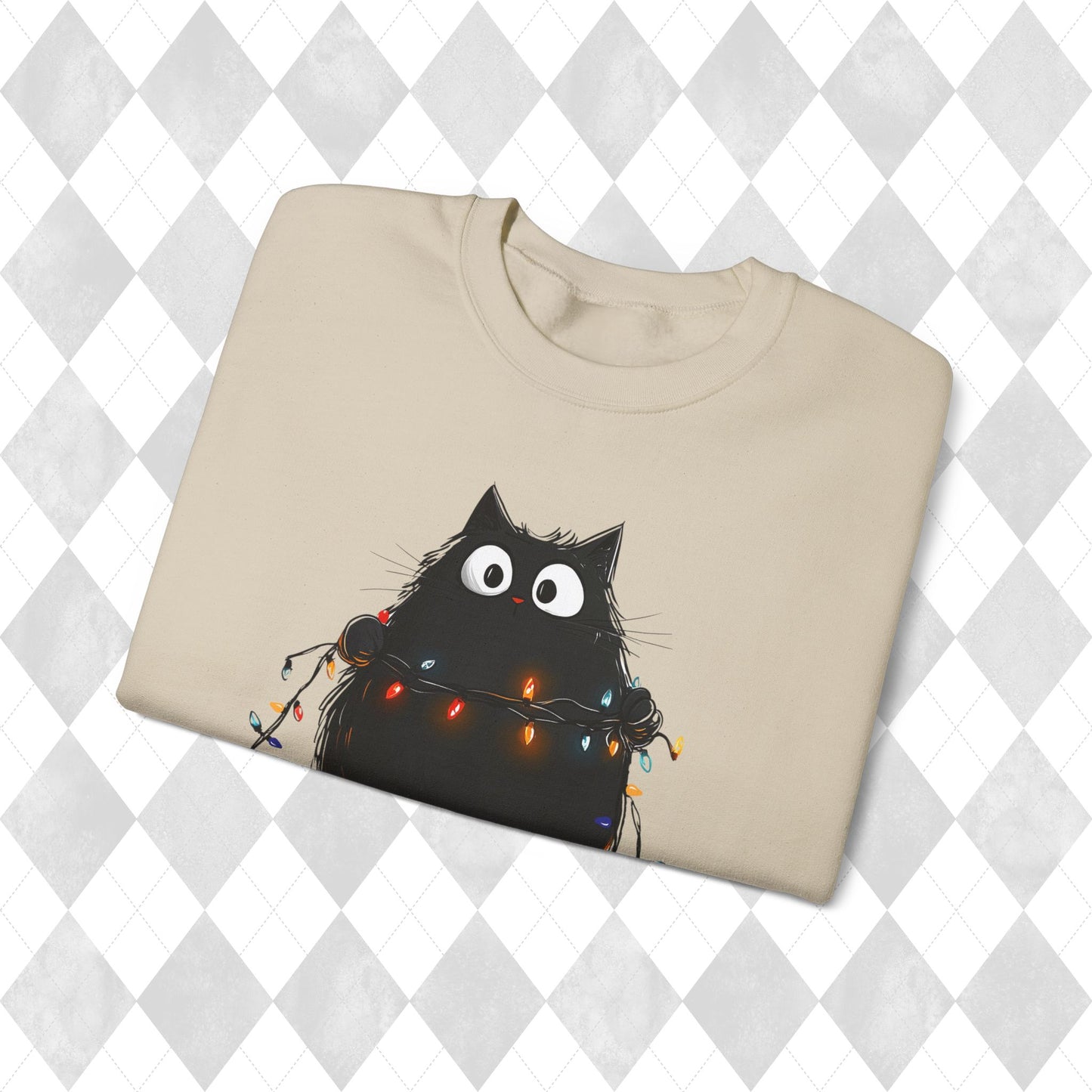 Christmas Cat Sweatshirt - Christmas Lights Kitty Sweater - Cat Mom Gift - Matching Pajamas - Funny Xmas Women's Ladies PJ Top - Unisex Crew