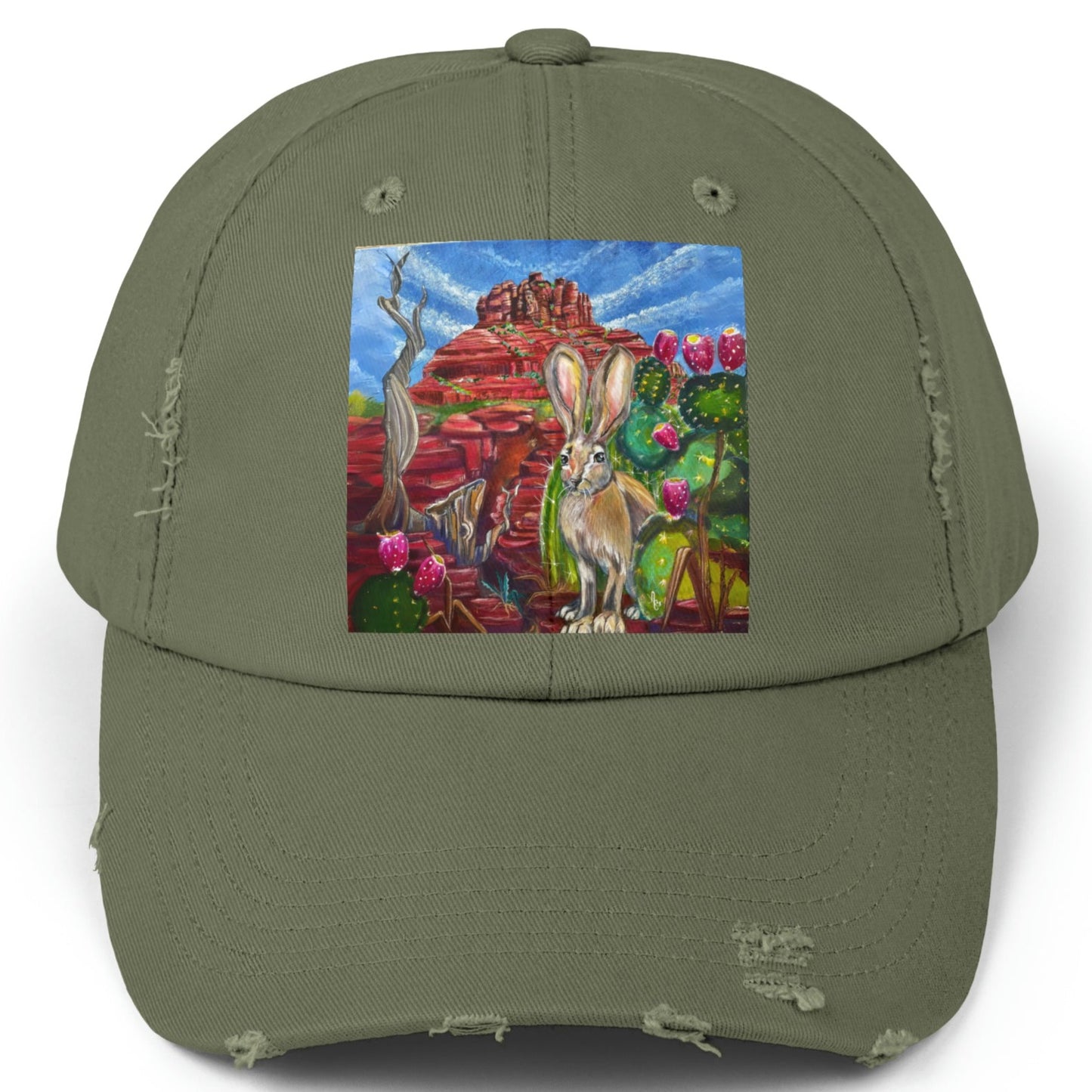 Sedona Hare Distressed Hat - Adjustable - Hare at Bell Rock from Mama Mosaic Artworks