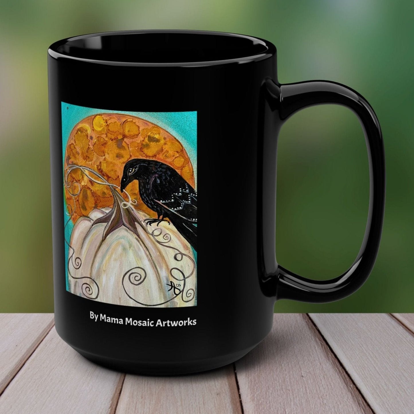 Crow on White Pumpkin from Mama Mosaic Artworks - 15 oz Black Glossy Ceramic Mug