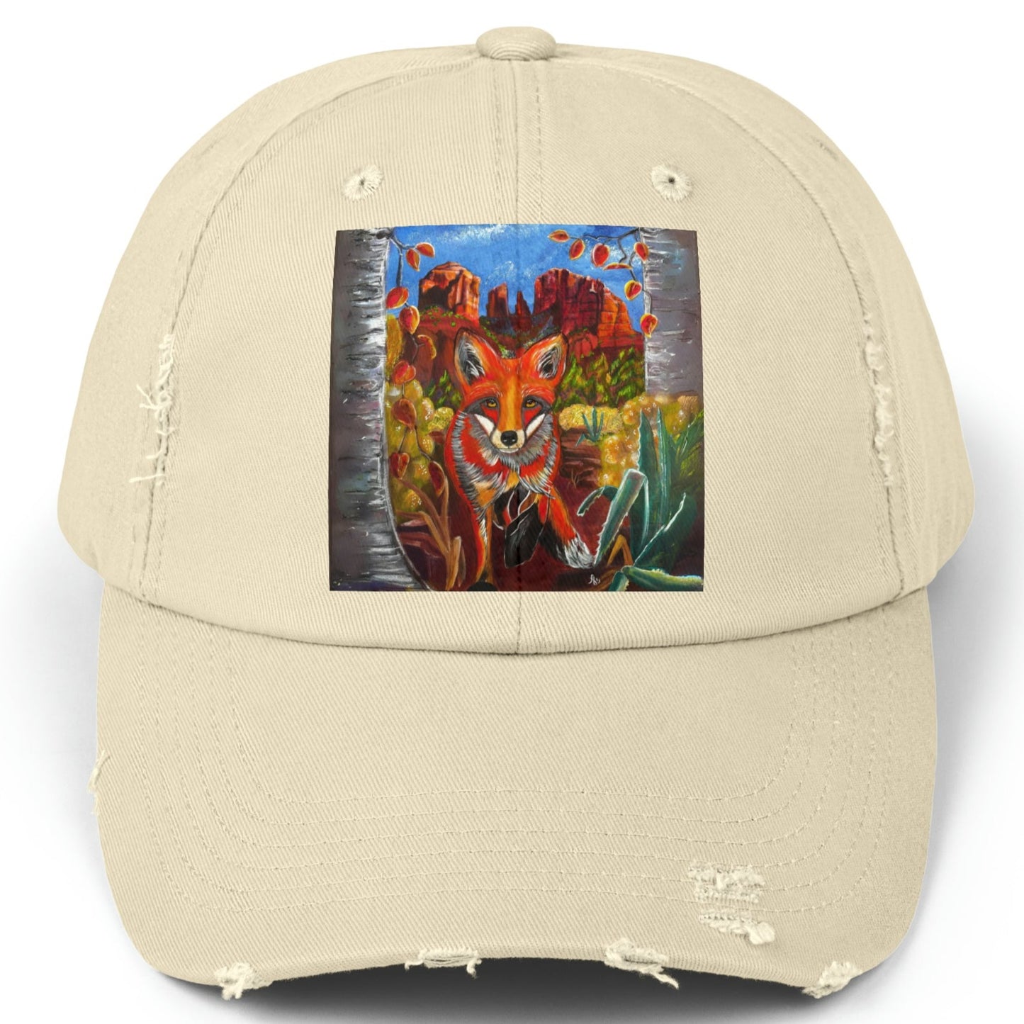 Sedona Fox Distressed Hat - Adjustable - Fox at Cathedral Rock from Mama Mosaic Artworks