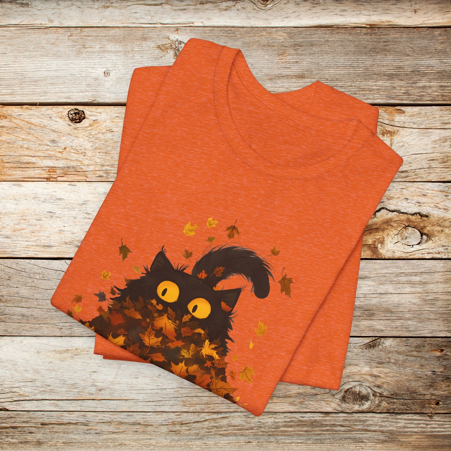 Cat TShirt - Black Cat Fall Leaves Unisex Crew