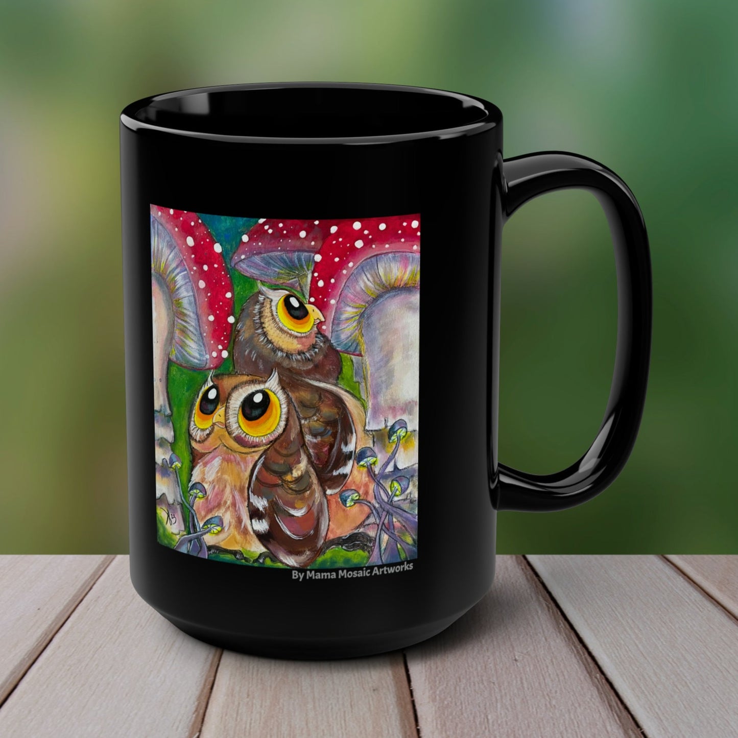 Owls and Shrooms Mug - 15oz Glossy Ceramic - Lost in Shroomtasia from Mama Mosaic Artworks