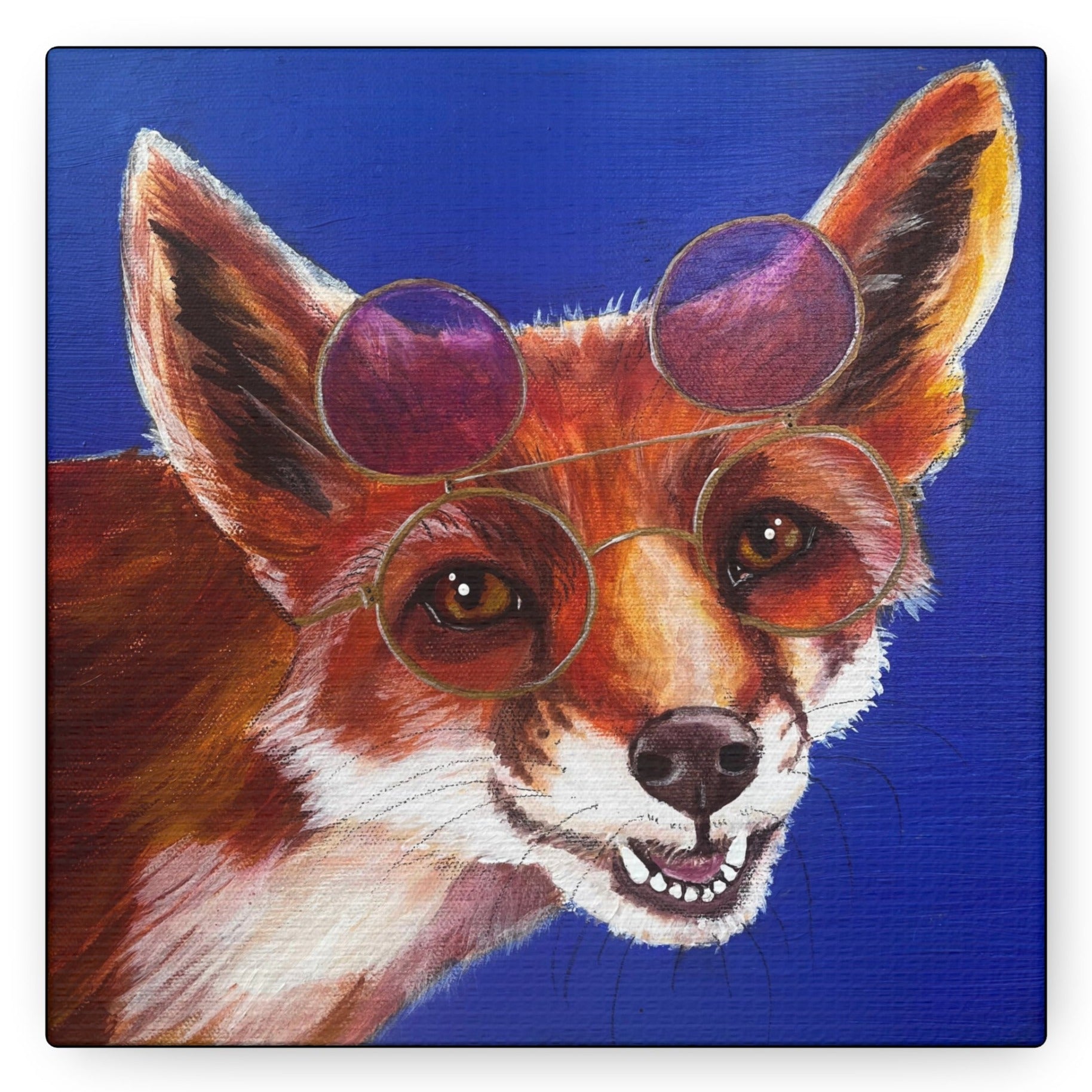 Canvas Wall Art - Read More Optical Fox - From Mama Mosaic Artworks - Comes Ready to Hang. Printed in high detail using vibrant colors. It has a closed back that comes with hanging hardware. Sides are printed in a solid color. It is reproduced from the original canvas painting Read More Optical Fox by Mama Mosaic Artworks.  For those who love foxes, red heads, reading, naturecore, whimsicore, or glasses!  Makes great art for an Optometrist office.