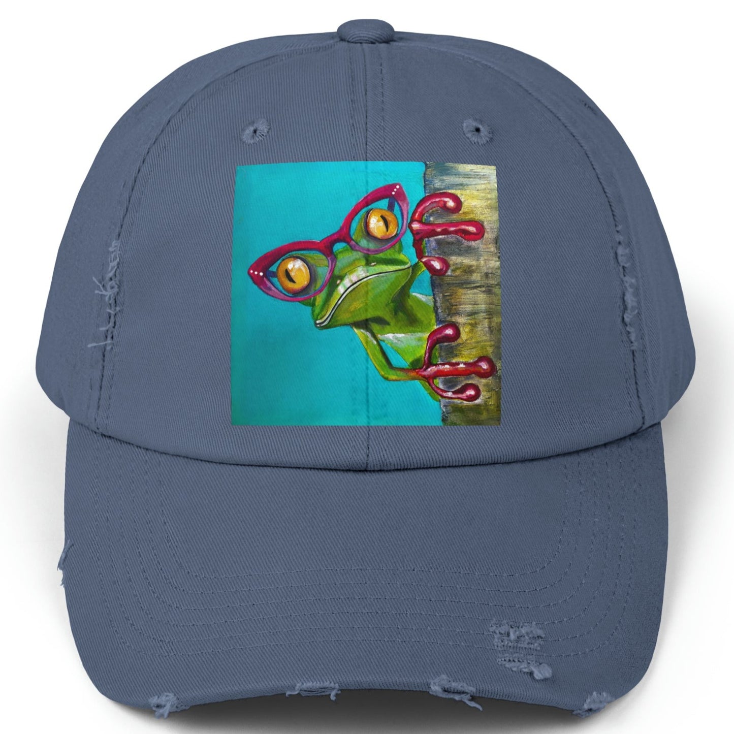 Frog Distressed Hat - Adjustable - Read More Optical Frog from Mama Mosaic Artworks