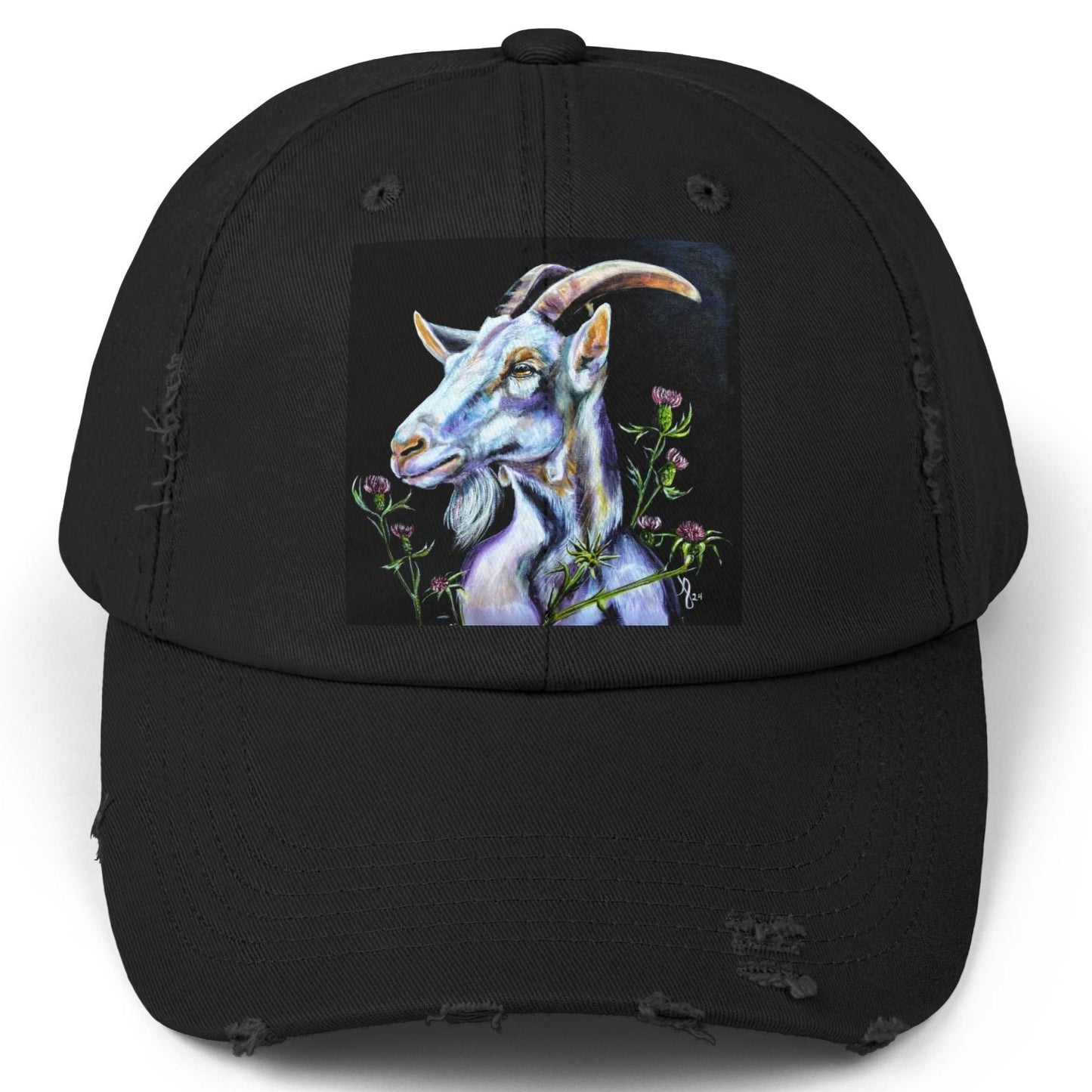 Goat Distressed Hat - Adjustable - Goat in Thistles from Mama Mosaic Artworks