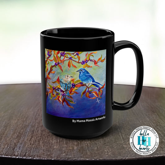 Blue Birds Mug - Original Art, Blue Birds and Huckleberries from Mama Mosaic Artworks