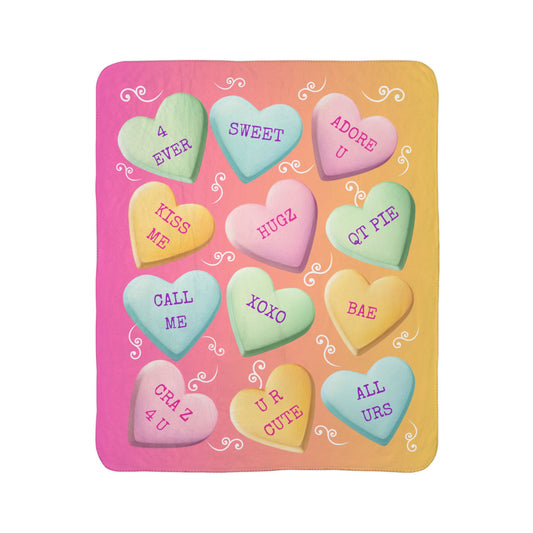 Pink Candy Hearts Blanket - Conversation Hearts Blanket - Sweethearts Blanket - Valentine Girlfriend Gift - Fleece Sherpa Blanket - 2 Sizes