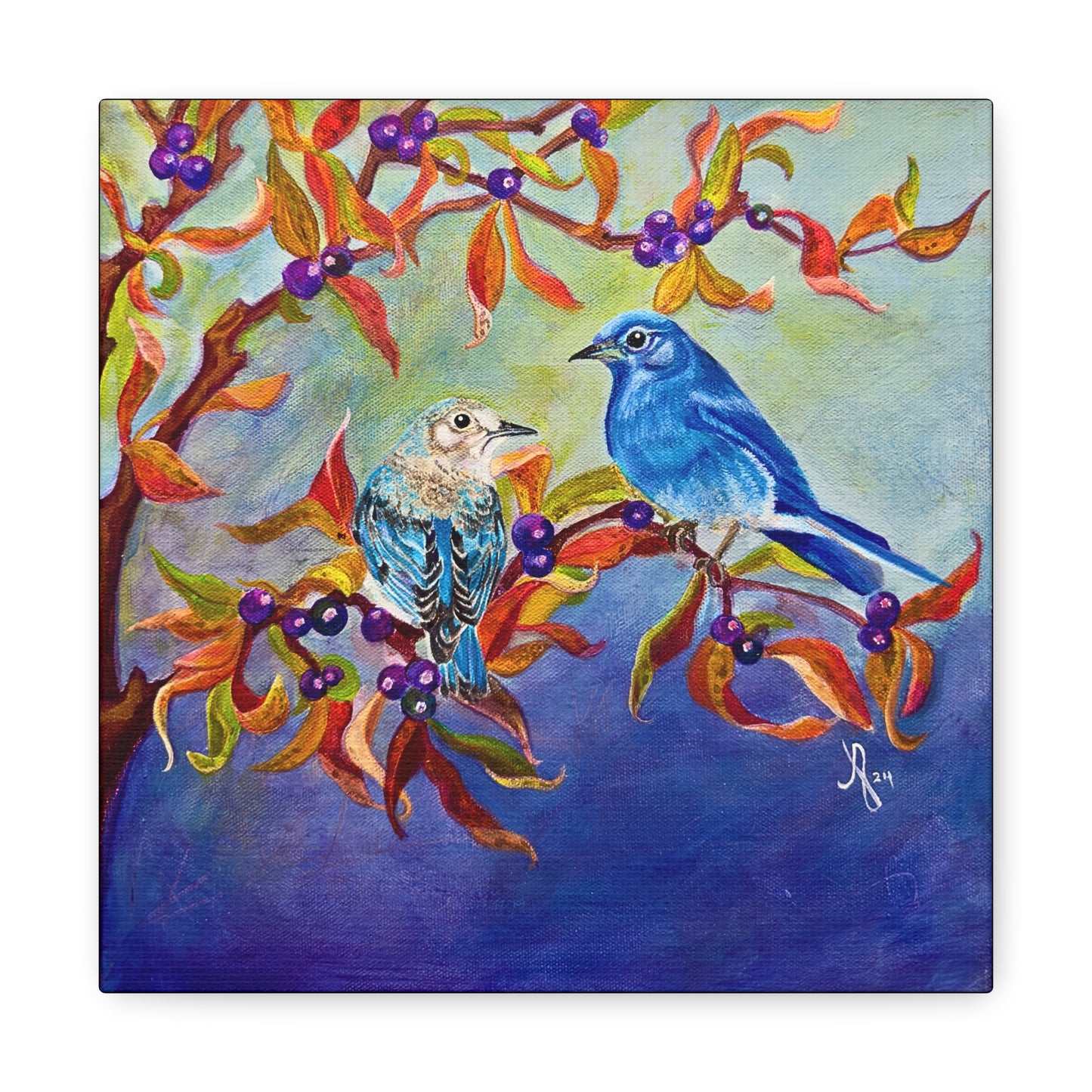 Canvas Wall Art - Blue Birds in Huckleberries From Mama Mosaic Artworks