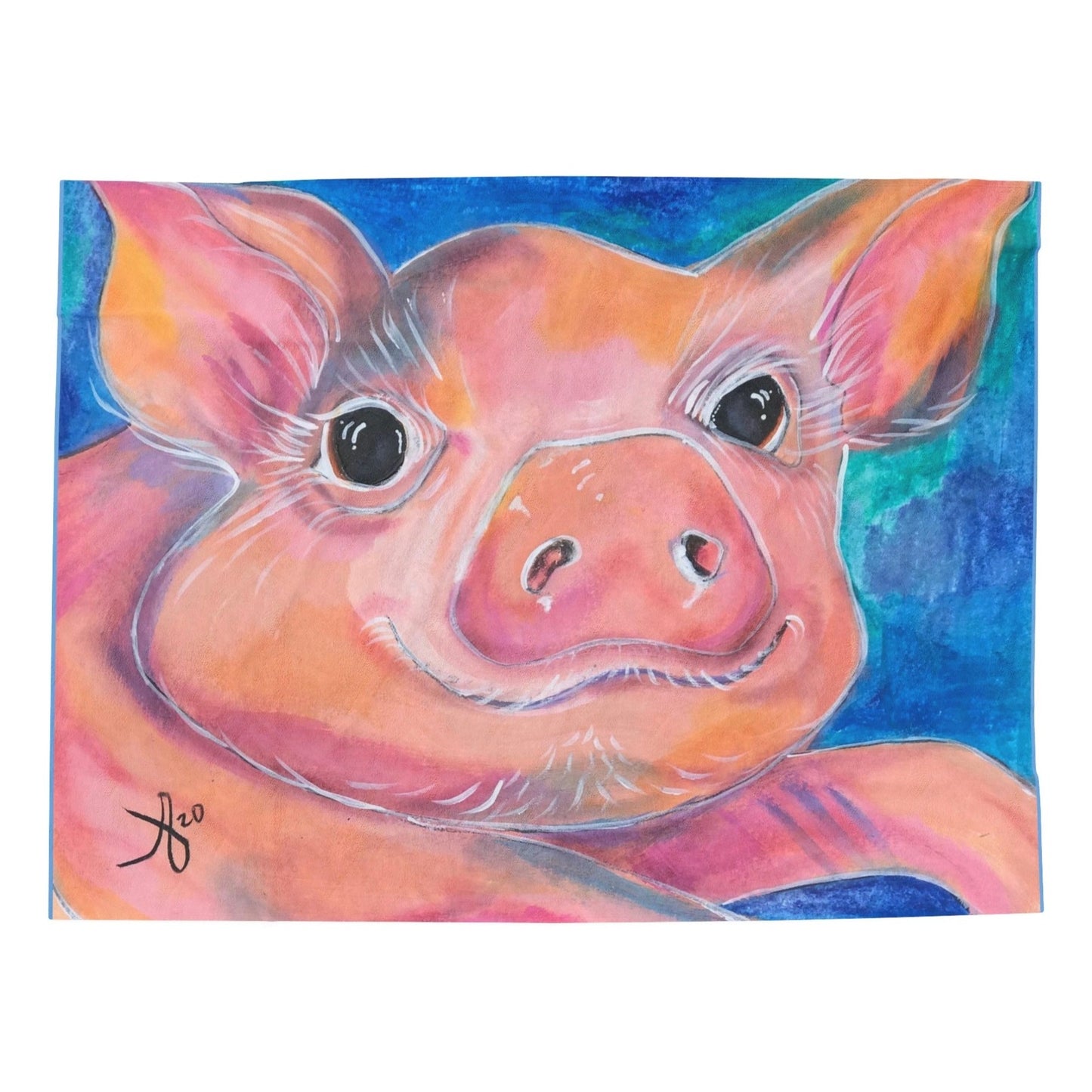 60x80 Velveteen blanket with a reproduction of the painting Piggie by Mama Mosaic Artworks. Up close view of a sweet little piggie's smiling face, with a mottled blue background. Cottagecore Naturecore Farmhouse Country whimsical whimsy aesthetic.