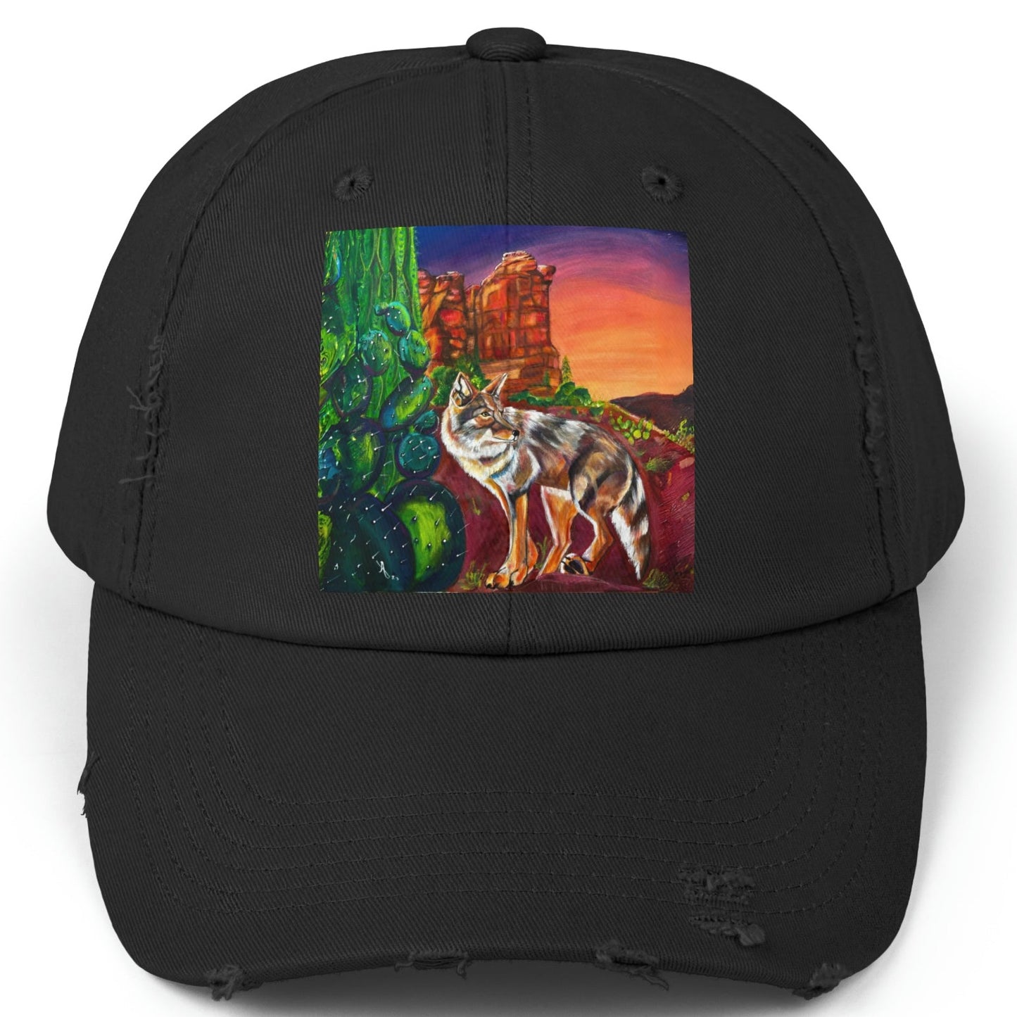 Sedona Coyote Distressed Hat - Adjustable - Coyote at Coffee Pot Rock from Mama Mosaic Artworks