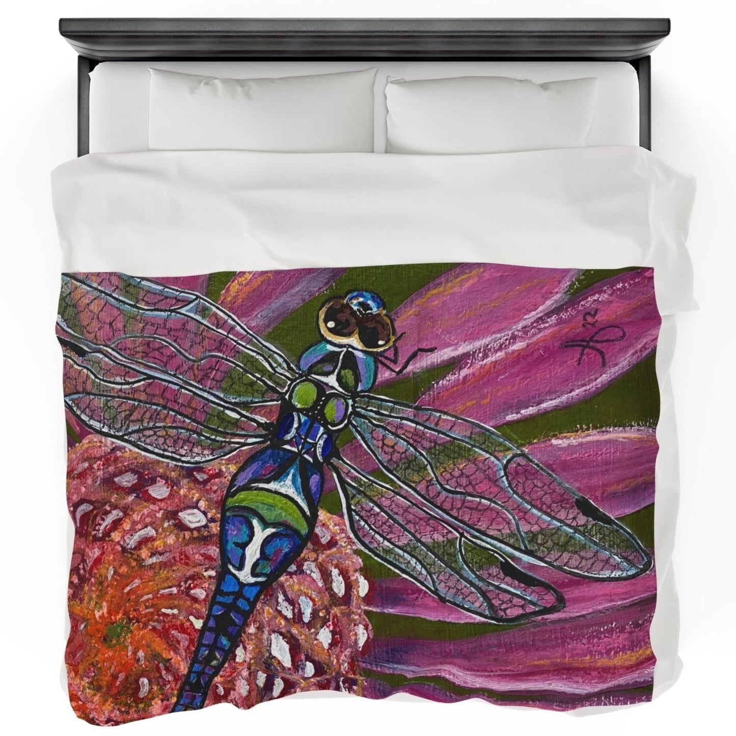 60x80 Blanket - Dragonfly Velveteen Plush Throw - Garden Jewel from Mama Mosaic Artworks. Velveteen blanket with a reproduction of the painting Garden Jewel by Mama Mosaic Artworks. Up close view of a dragonfly or damselfly in blue and green on a purple and orange flower. Cottagecore Naturecore Farmhouse Country aesthetic. 