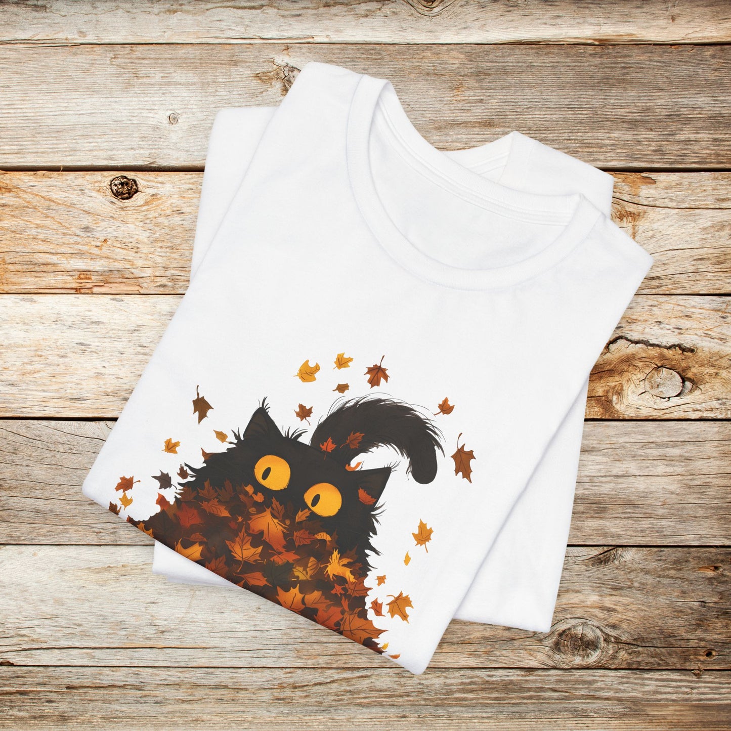 Cat TShirt - Black Cat Fall Leaves Unisex Crew