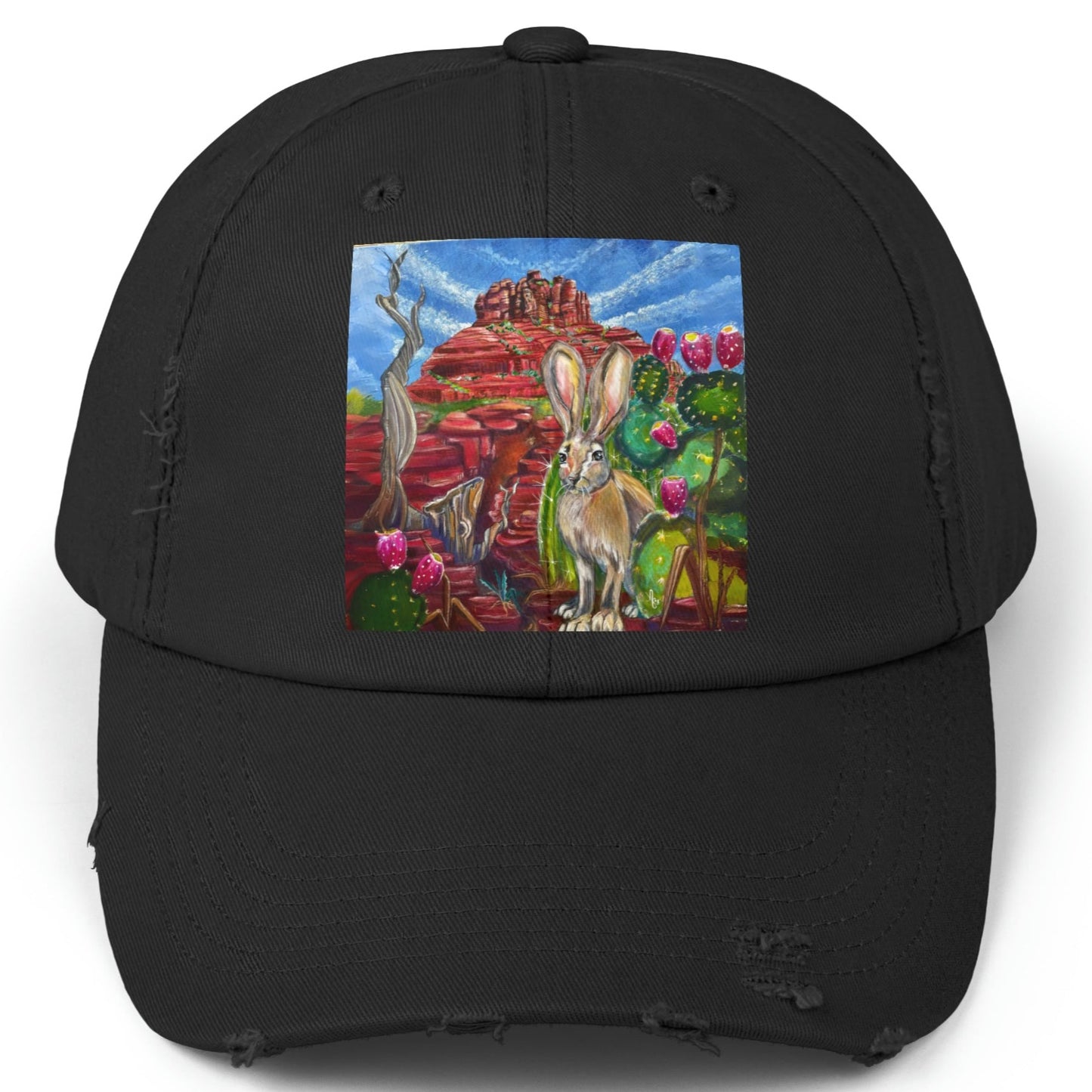 Sedona Hare Distressed Hat - Adjustable - Hare at Bell Rock from Mama Mosaic Artworks