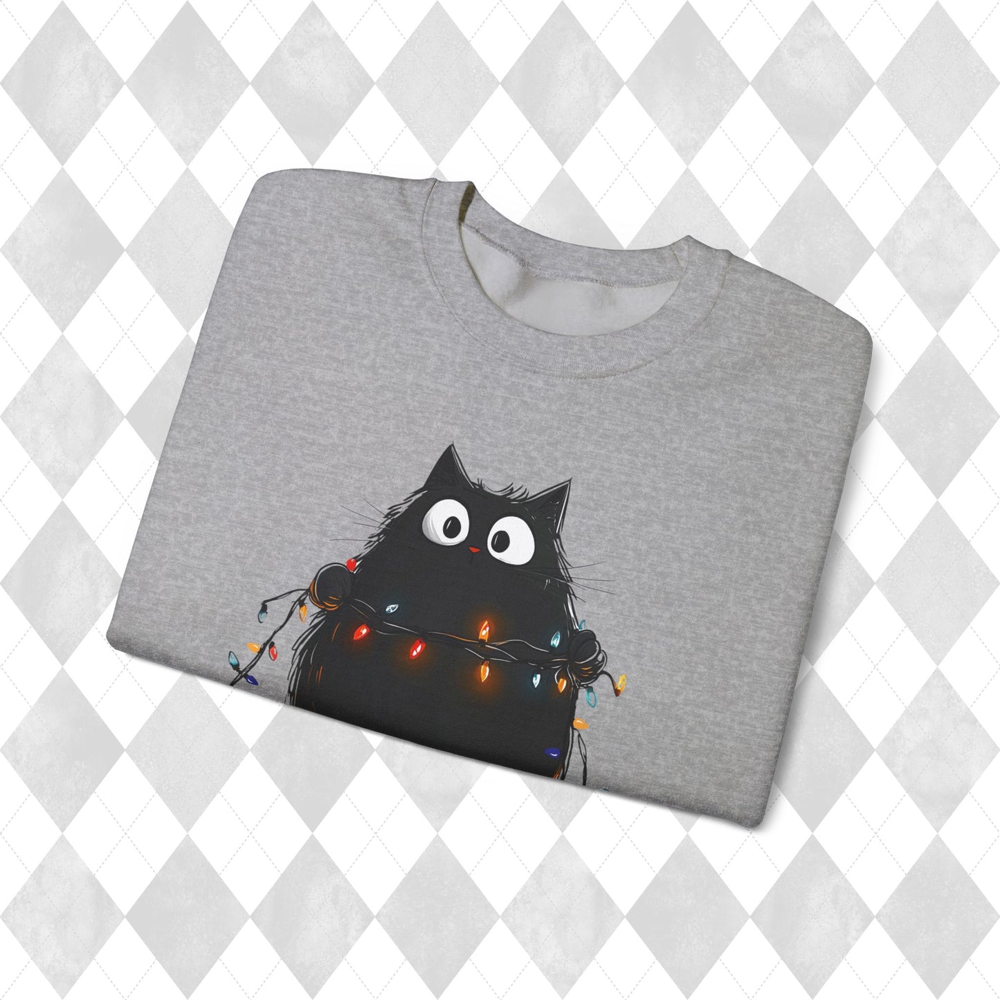 Christmas Cat Sweatshirt - Christmas Lights Kitty Sweater - Cat Mom Gift - Matching Pajamas - Funny Xmas Women's Ladies PJ Top - Unisex Crew