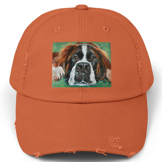 Saint Bernard Distressed Hat - Adjustable - Portrait of Saint Bernard from Mama Mosaic Artworks