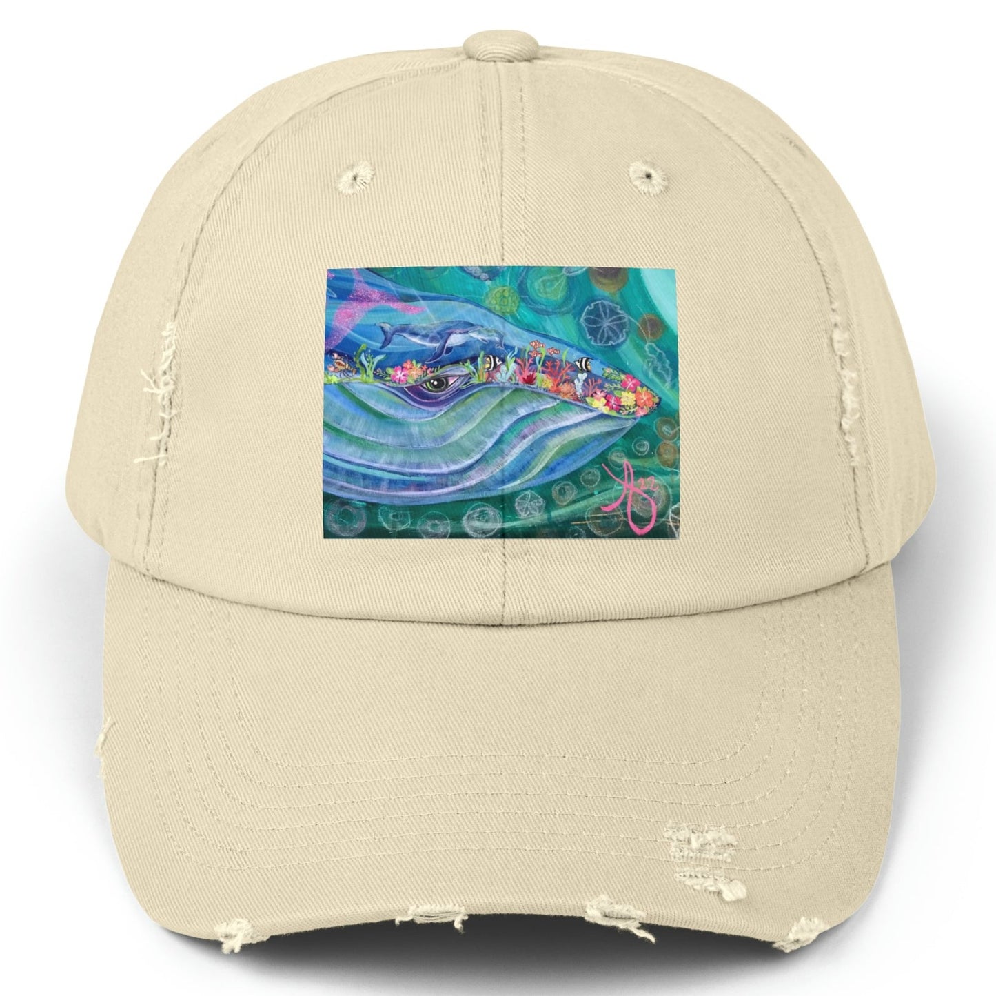 Blue Whale Distressed Hat - Adjustable - Mama and Baby Blue from Mama Mosaic Artworks