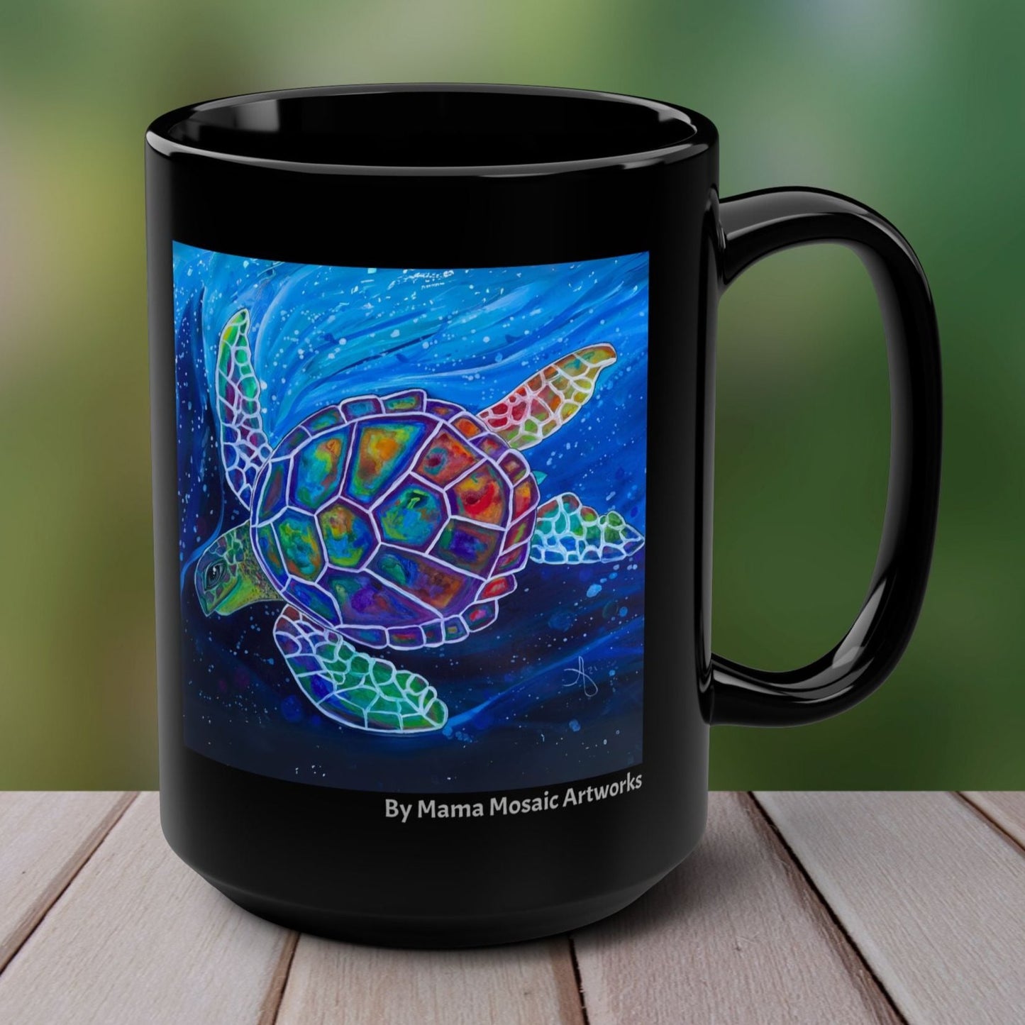 Sea Turtle Mug - Flying Turtle from Mama Mosaic Artworks - 15 oz Black Glossy Ceramic