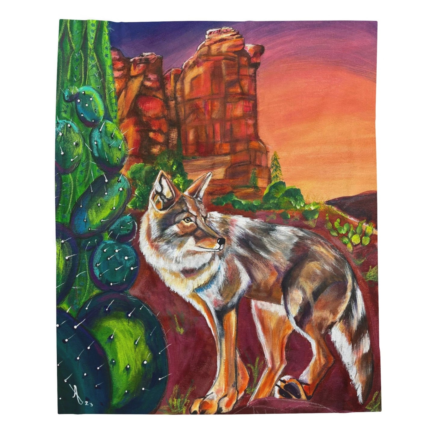 Sedona Coyote Blanket - Velveteen Plush Throw - Coyote at Coffee Pot Rock from Mama Mosaic Artworks