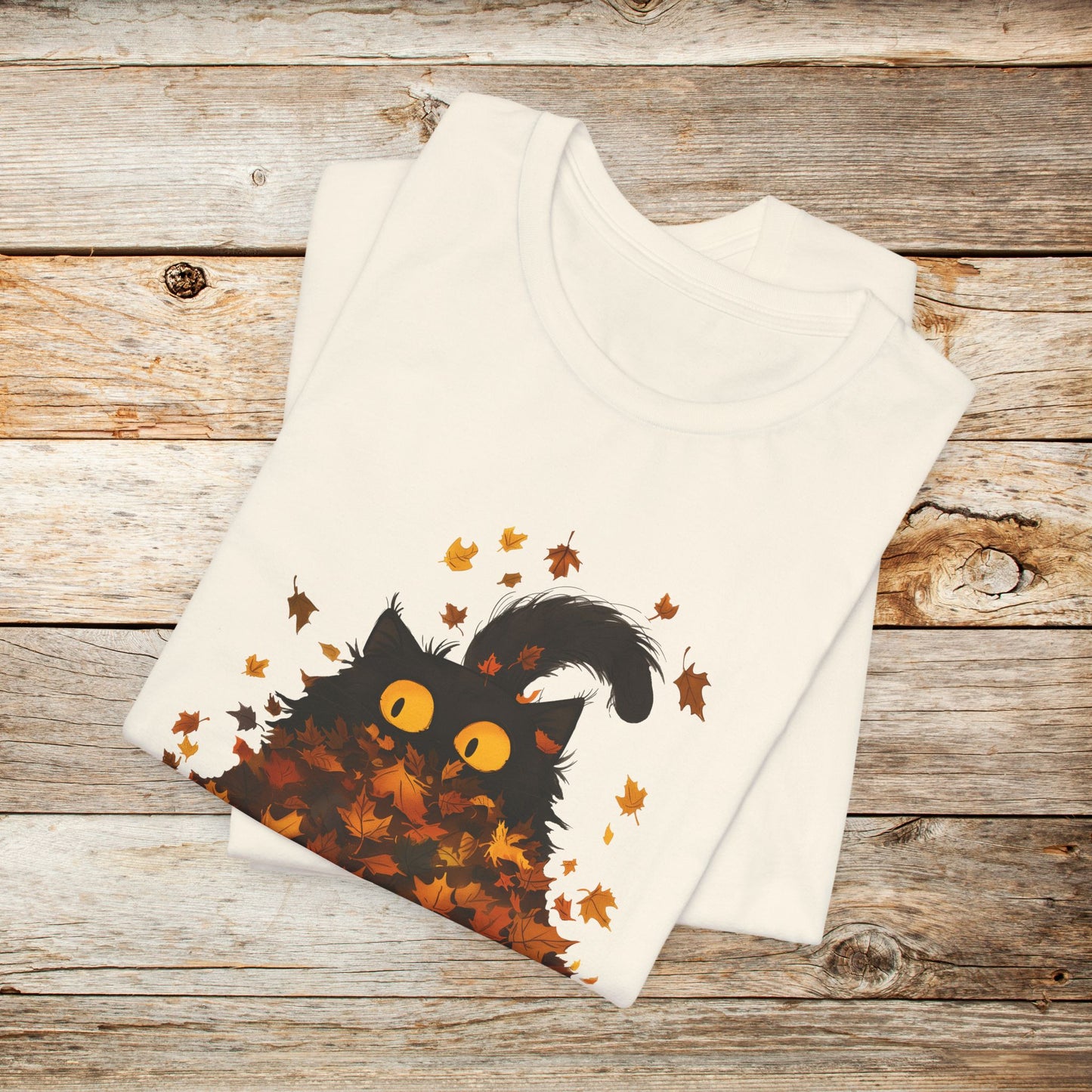 Cat TShirt - Black Cat Fall Leaves Unisex Crew