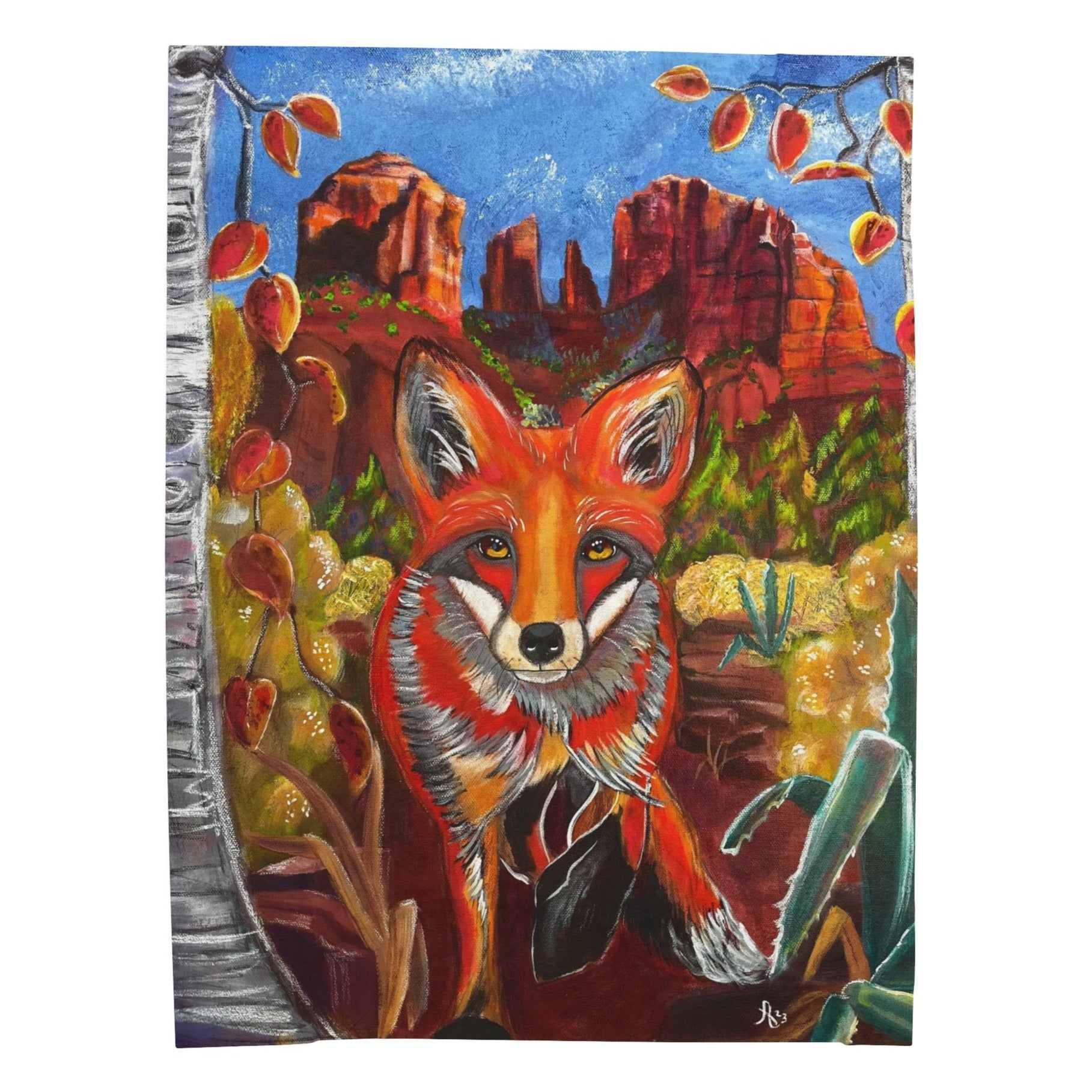 30x40 Blanket - Fox at Cathedral Rock Velveteen Plush Throw - from Mama Mosaic Artworks - Southwestern Art. This dynamic velveteen plush throw blanket is printed edge to edge in high detail using vibrant colors. It is reproduced from the original canvas painting, Fox at Cathedral Rock, by Mama Mosaic Artworks. For those who love Sedona, Arizona, desert decor, foxes, a Mexican or southwestern aesthetic, are a believer in vortex points, or simply love this charming work of art.