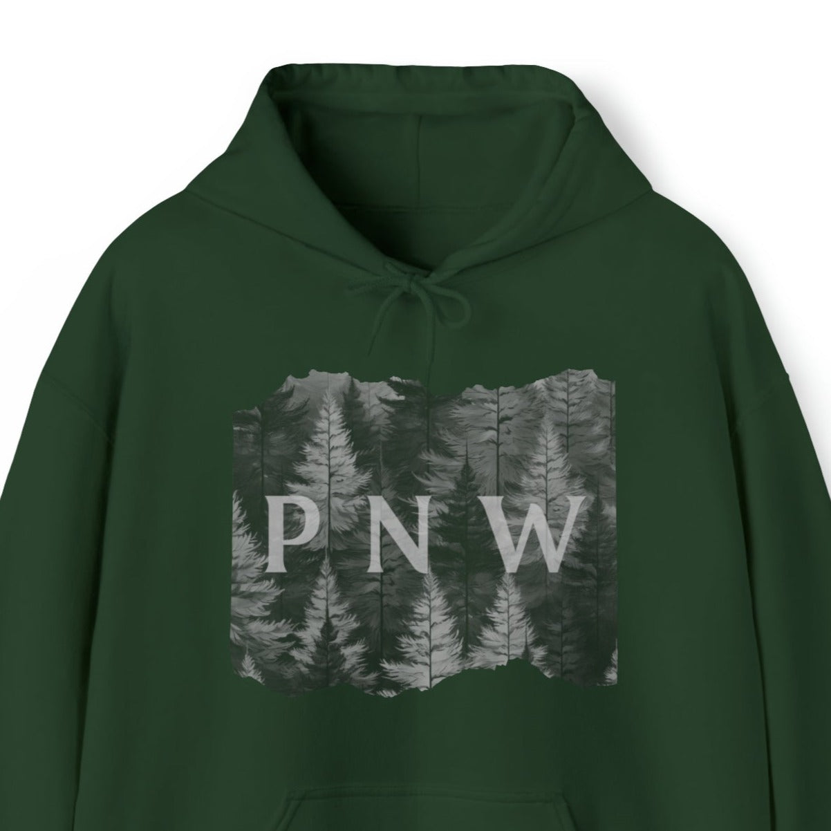 Comfy cozy pullover hoodie hooded sweatshirt with evergreens graphic and PNW over the top. Pacific Northwest. Pine trees. Forest flora fauna. Oregon Washington Idaho.  Inclusive Sizes S to 5XL.