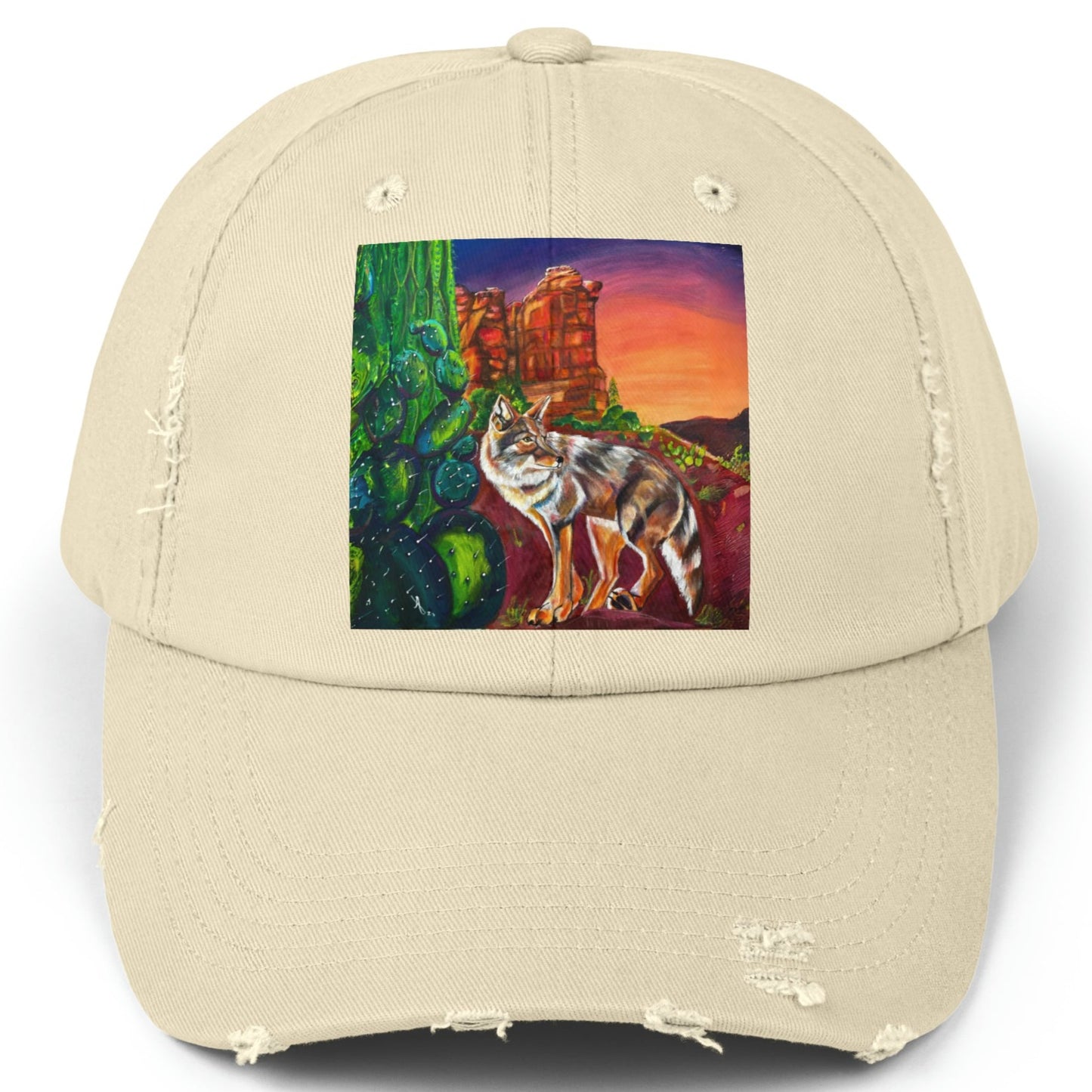 Sedona Coyote Distressed Hat - Adjustable - Coyote at Coffee Pot Rock from Mama Mosaic Artworks