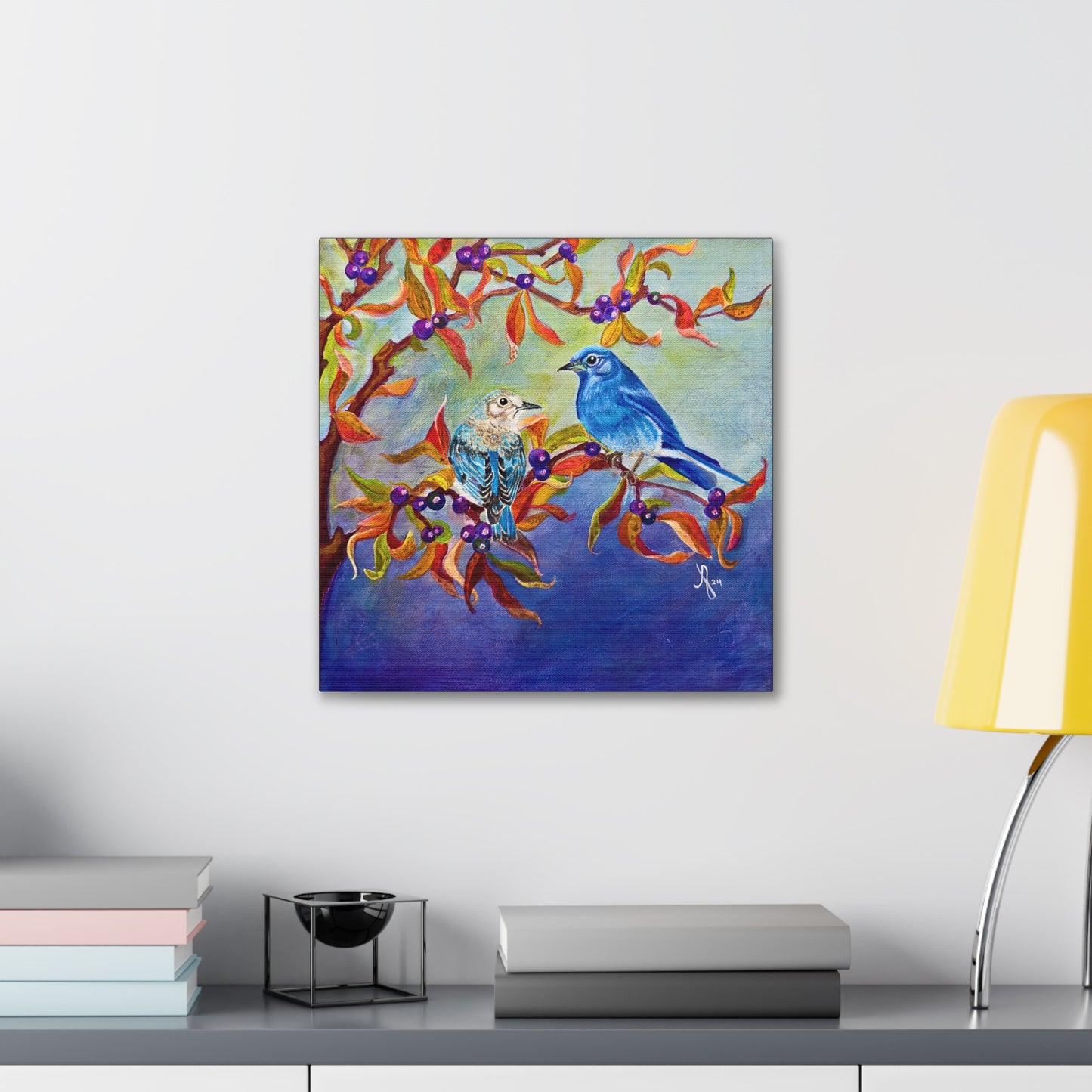 Canvas Wall Art - Blue Birds in Huckleberries From Mama Mosaic Artworks