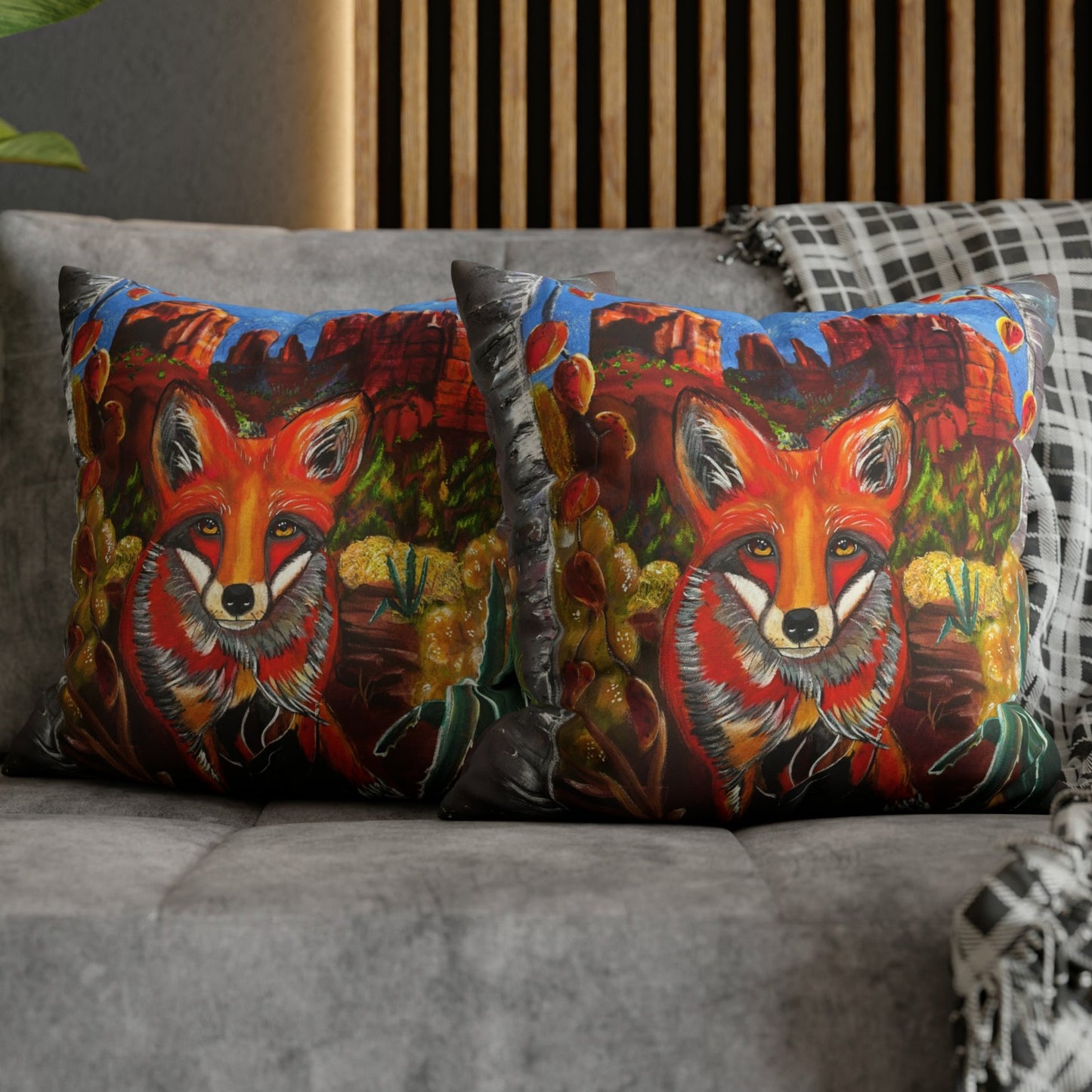 Sedona Fox Throw Pillow Cover - Faux Suede - 2 Sizes - Fox at Cathedral Rock from Mama Mosaic Artworks