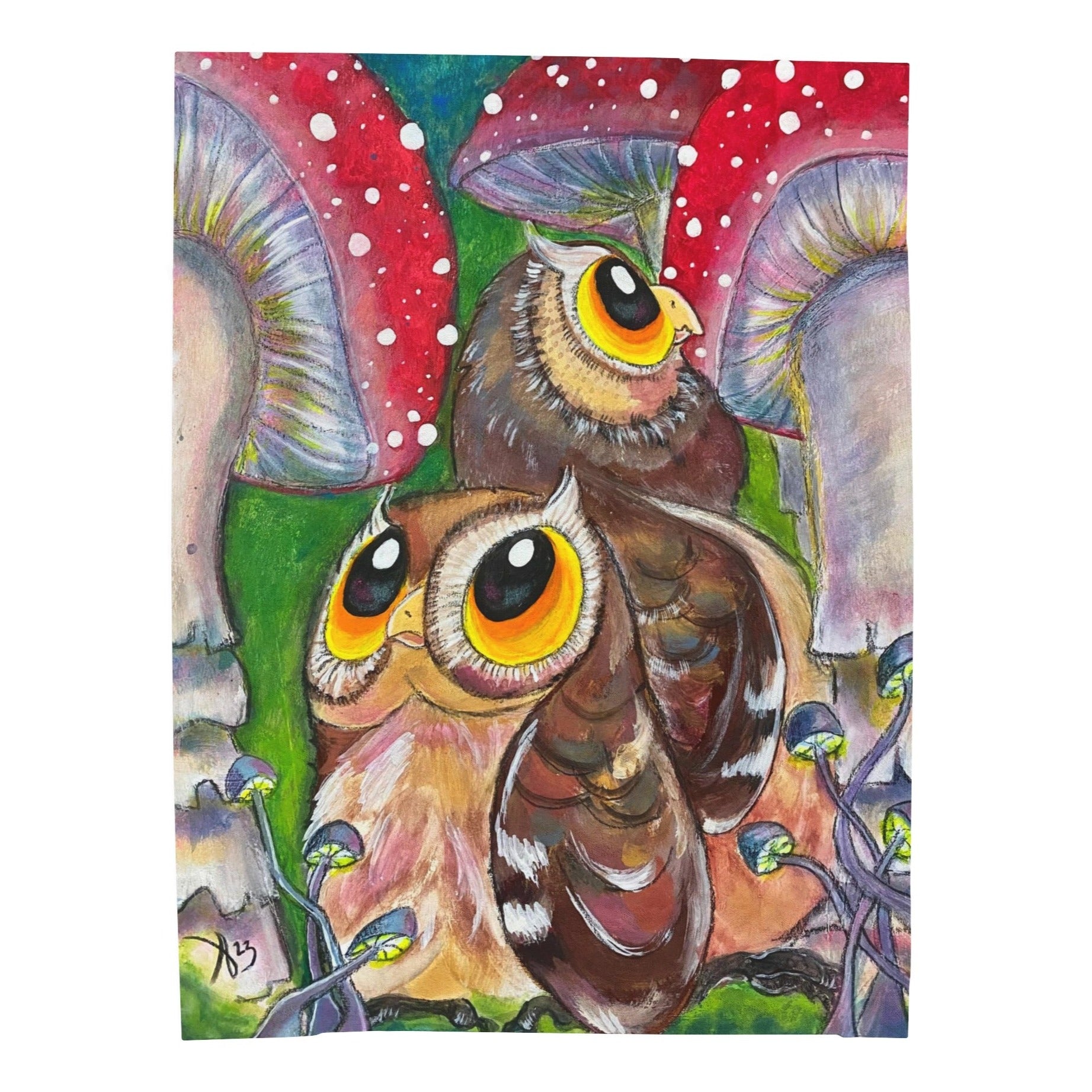 60x80 Velveteen blanket with a reproduction of the painting Lost in Shroomtasia by Mama Mosaic Artworks. View of two curious little owls with large beautiful yellow eyes taking in the sight of towering red cap mushrooms with white spots. Cottagecore naturecore whimsical whimsy aesthetic.