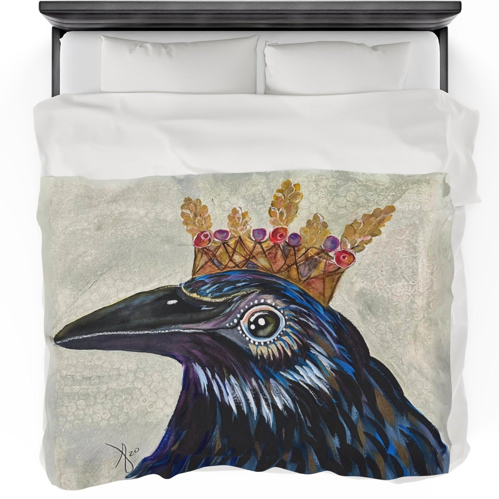 60x80 Blanket - King Crow - Velveteen Plush Throw - from Mama Mosaic Artworks - Whimsical Boho Eclectic Decor - Cottagecore Art. This whimsical velveteen plush throw blanket is printed edge to edge in high detail using vibrant colors. It is reproduced from the original canvas painting, King Crow, by Mama Mosaic Artworks. This soft blanket brings an instant aesthetic to any room. For those who love crows, ravens, whimsy, or who simply love this fanciful work of art.