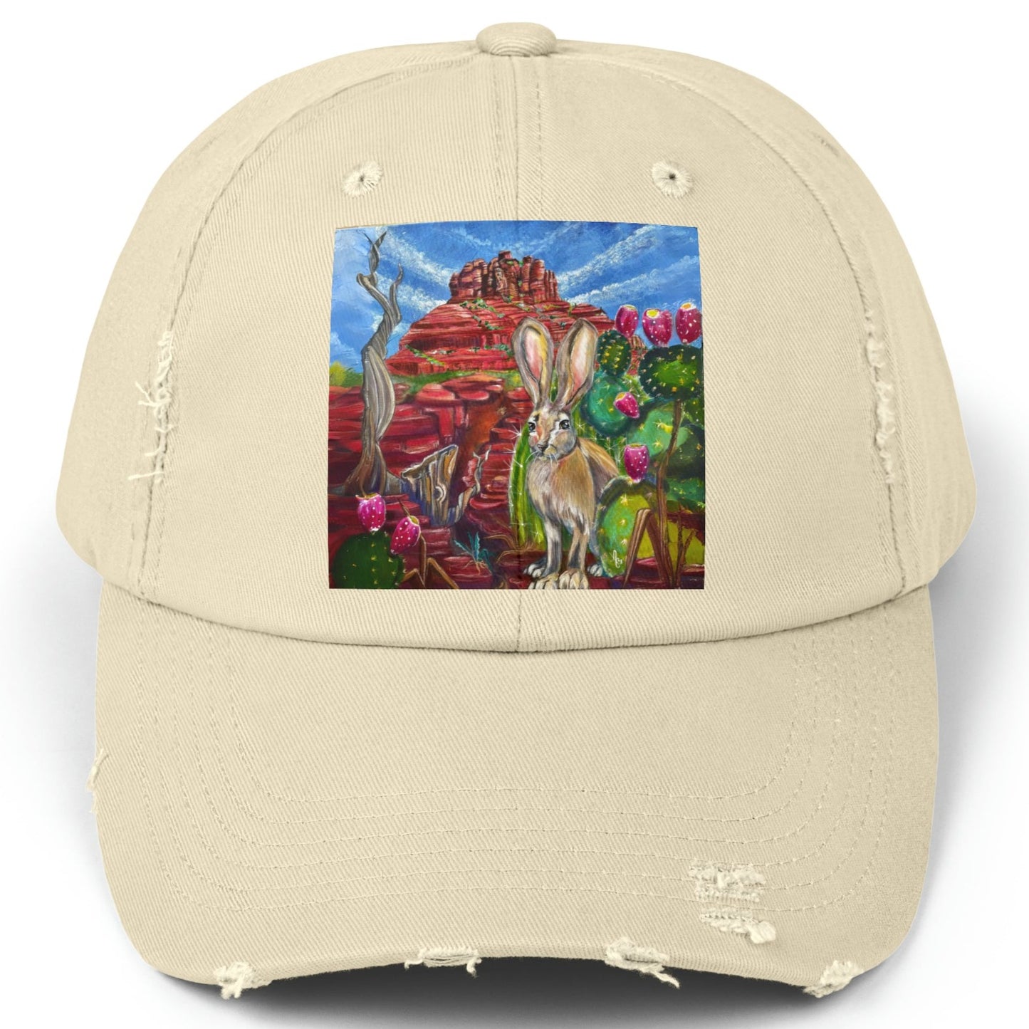 Sedona Hare Distressed Hat - Adjustable - Hare at Bell Rock from Mama Mosaic Artworks