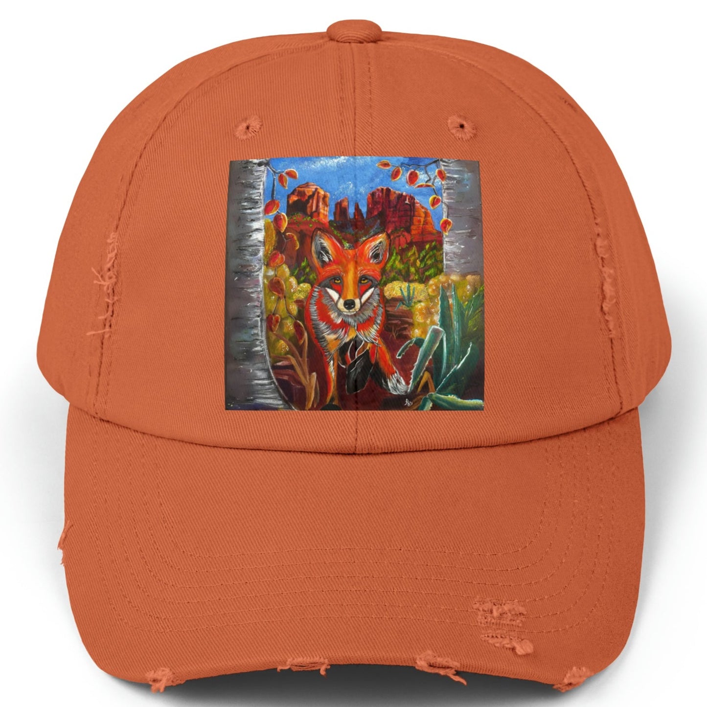 Sedona Fox Distressed Hat - Adjustable - Fox at Cathedral Rock from Mama Mosaic Artworks