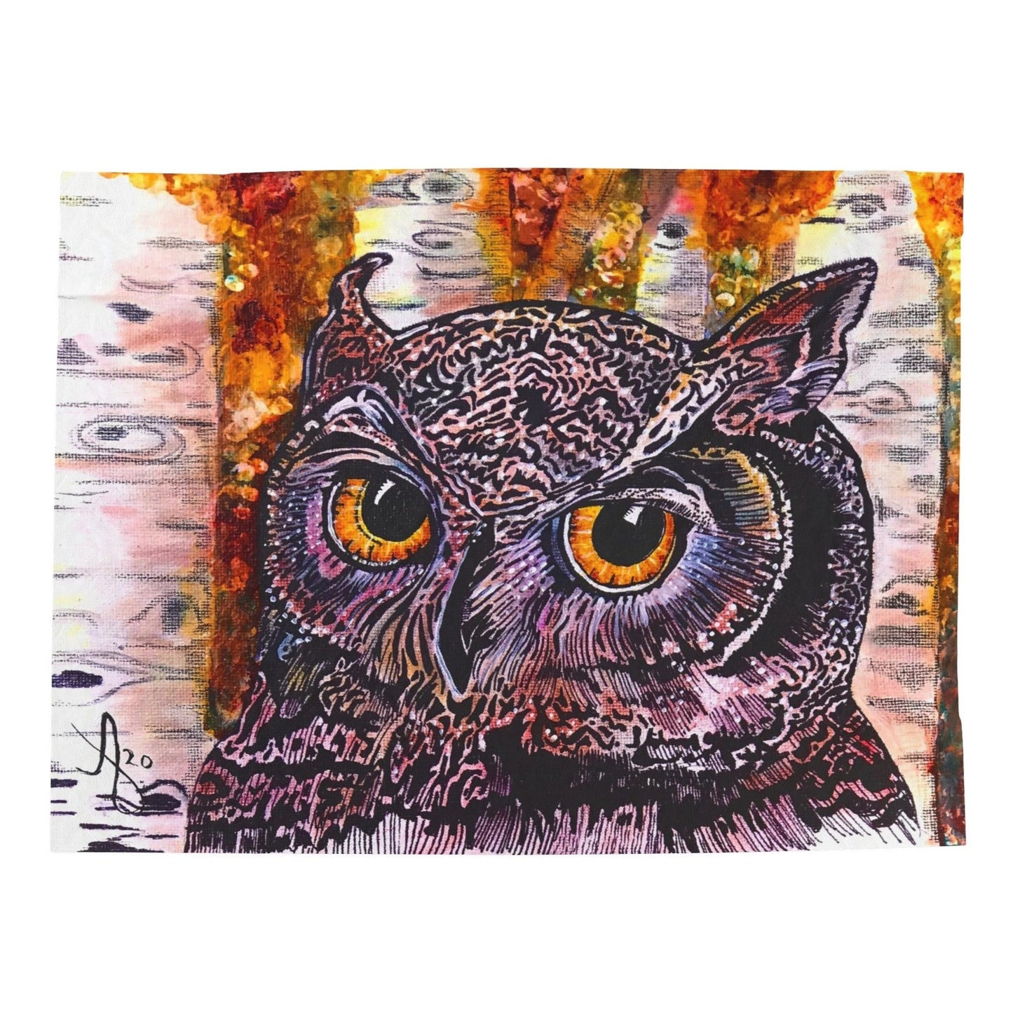 Horned Owl Blanket - Velveteen Plush Throw - Portrait of an Owl from Mama Mosaic Artworks