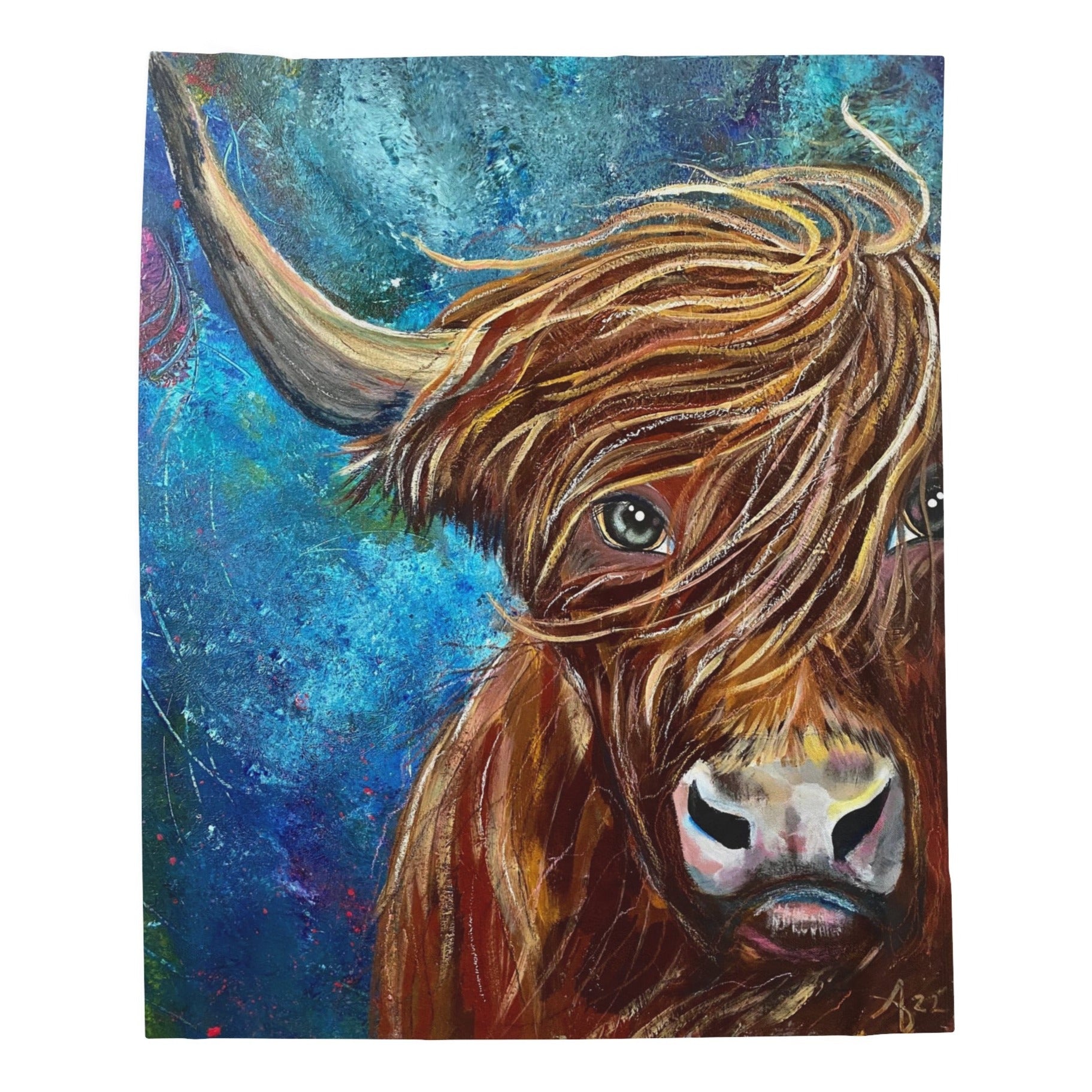 30x40 Velveteen Blanket with a reproduction of the painting Highland Bull by Mama Mosaic Artworks. Windswept bull's face with beautiful mottled blue and green background. Cottagecore Naturecore Farmhouse Country aesthetic.