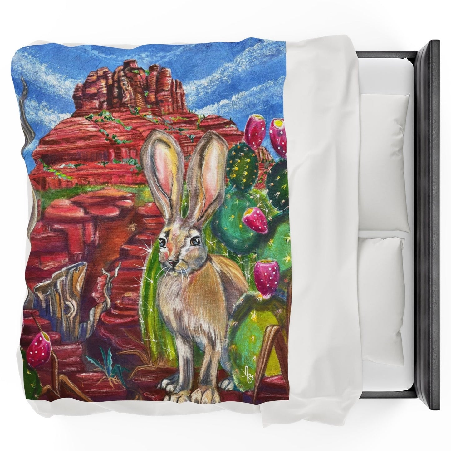 60x80 Blanket - Hare at Bell Rock Velveteen Plush Throw - from Mama Mosaic Artworks - Southwestern Art. This dynamic velveteen plush throw blanket is printed edge to edge in high detail using vibrant colors. It is reproduced from the original canvas painting, Hare at Bell Rock, by Mama Mosaic Artworks, and brings an instant aesthetic to any room. For those who believe in vortex points, or who love Sedona, Arizona, desert decor, a Mexican or southwestern aesthetic, or simply love this charming work of art.