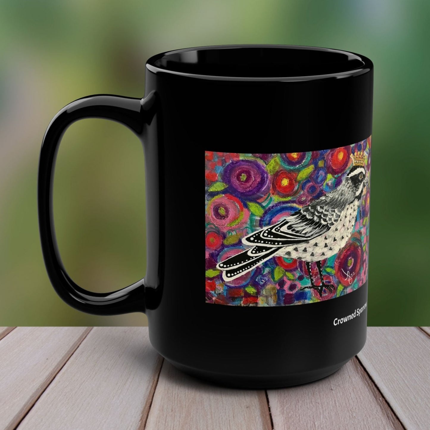 Crowned Sparrow from Mama Mosaic Artworks - 15 oz Black Glossy Ceramic Mug