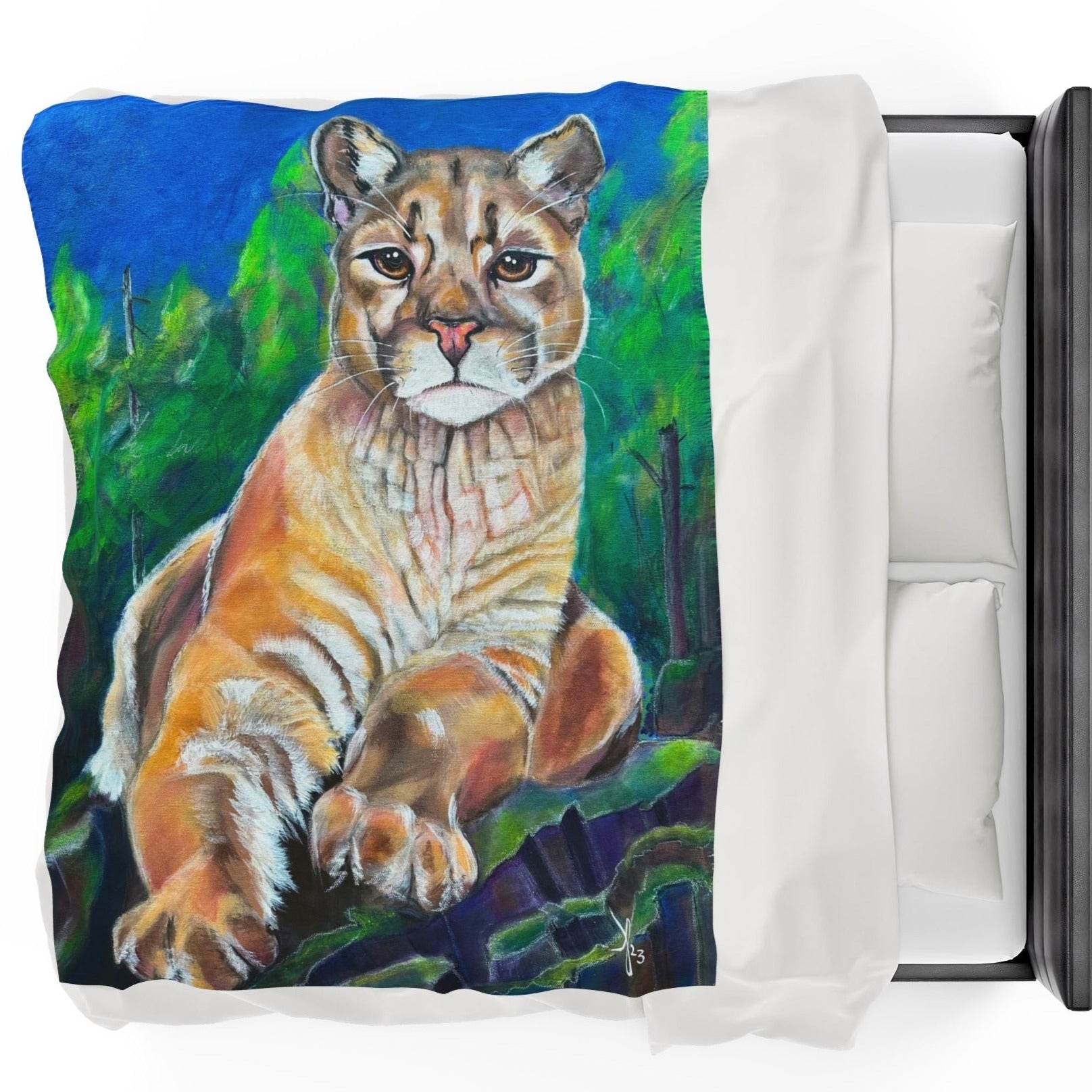 60x80 Blanket - Cascade Lioness - Velveteen Plush Throw - from Mama Mosaic Artworks - Western Farmhouse Lodge Decor - PNW Art. This dynamic velveteen plush throw blanket is printed edge to edge in high detail using vibrant colors. It is reproduced from the original canvas painting, Cascade Lioness, by Mama Mosaic Artworks. For those who love western home decor, cougars-pumas-mountain lions, the Cascade Mountain Range, the pacific northwest, lodge decor, or who simply love this engaging work of art.