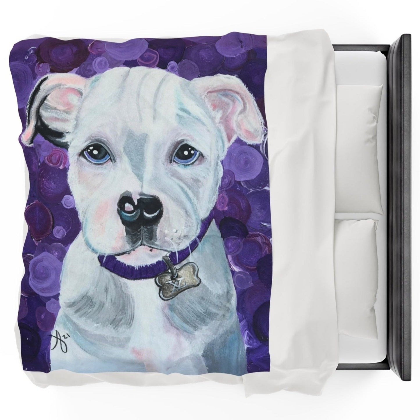 60x80 Velveteen blanket with reproduction of the painting Portrait of a Pit Bull by Mama Mosaic Artworks. A beautiful white and gray Pit Bull sits face forward. Her ears curl slightly forward, with a mottled background of shades of purple. Pit Bull Pitbull Pittbull Pittie. Dog Lover Animal Lover Rescue Dog whimsical whimsy aesthetic.